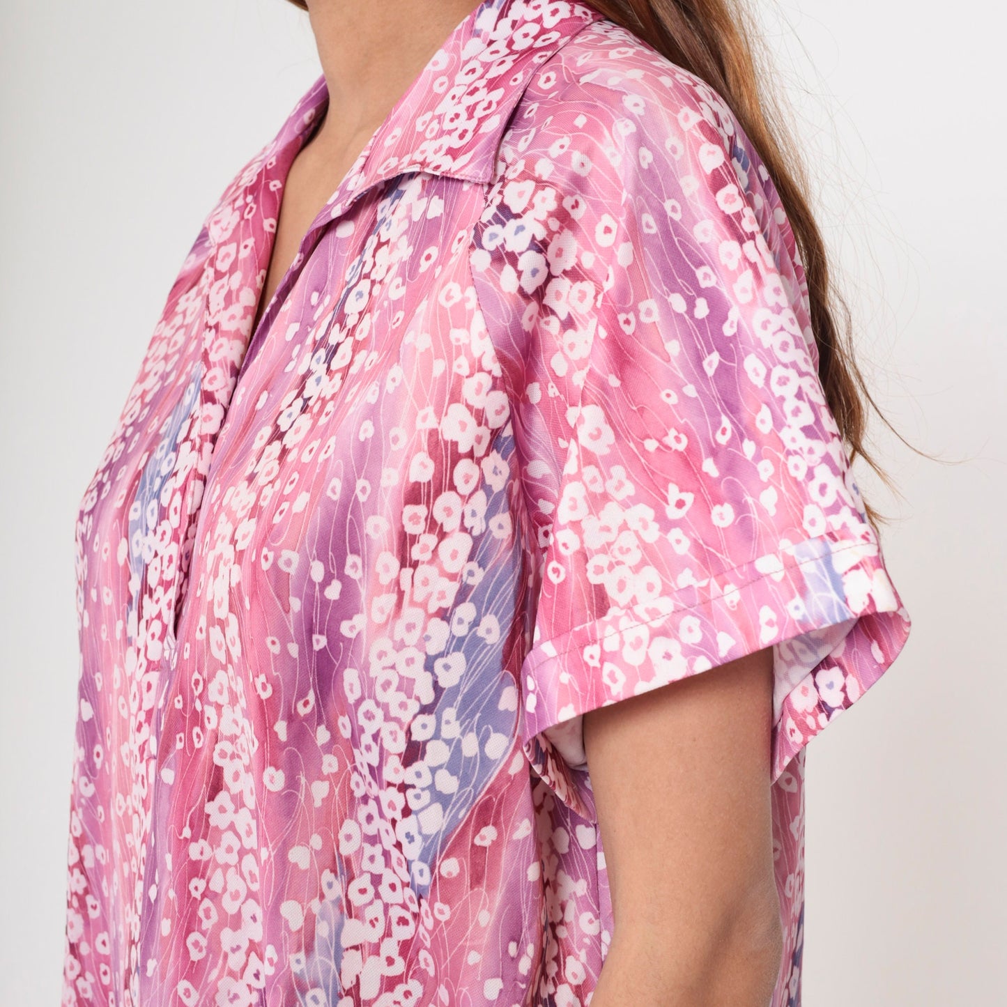 70s John Abbott Abstract Floral Blouse Pink Purple Dagger Collar Large