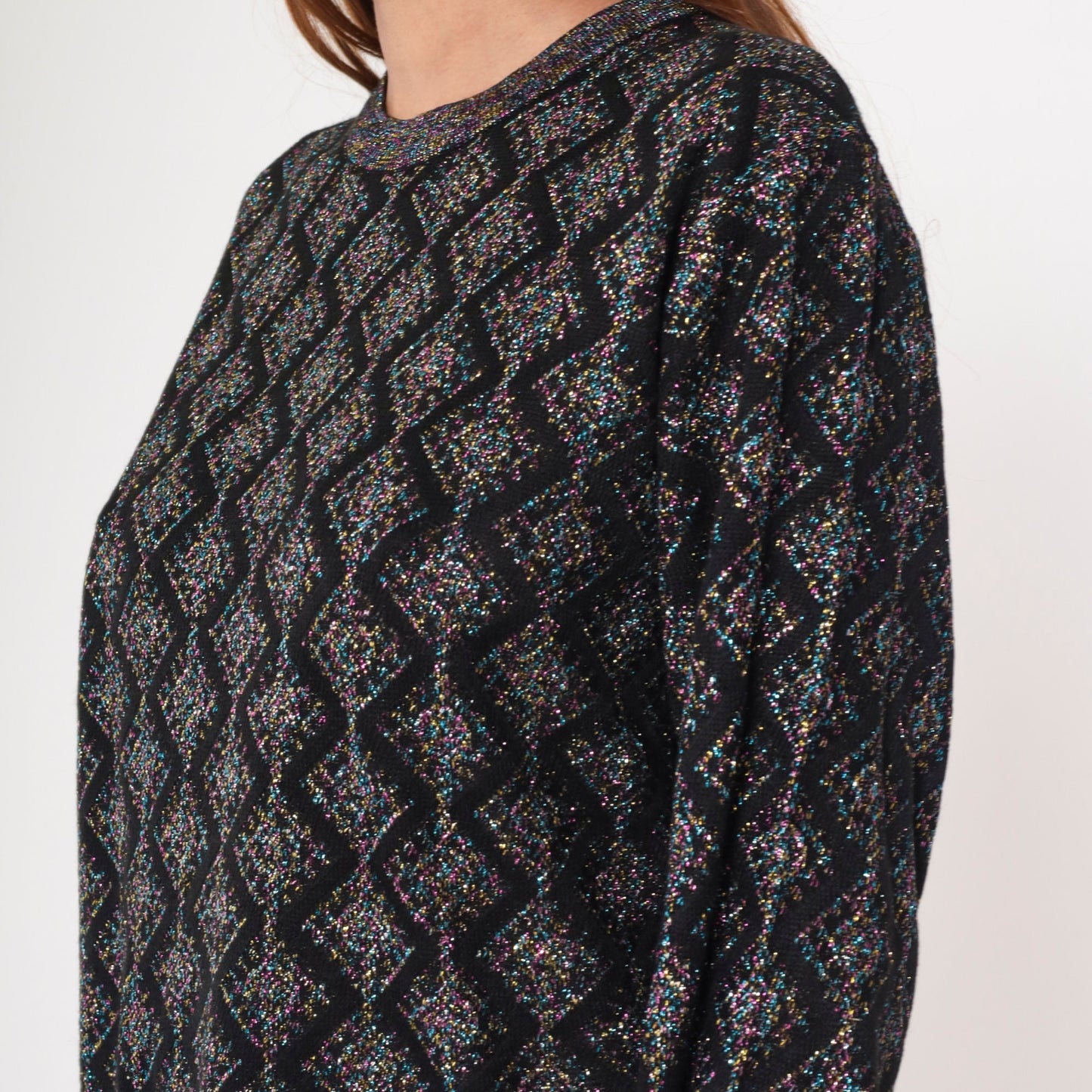 80s Metallic Geometric Sweater Black Pink Blue Lurex Knit Crewneck Medium