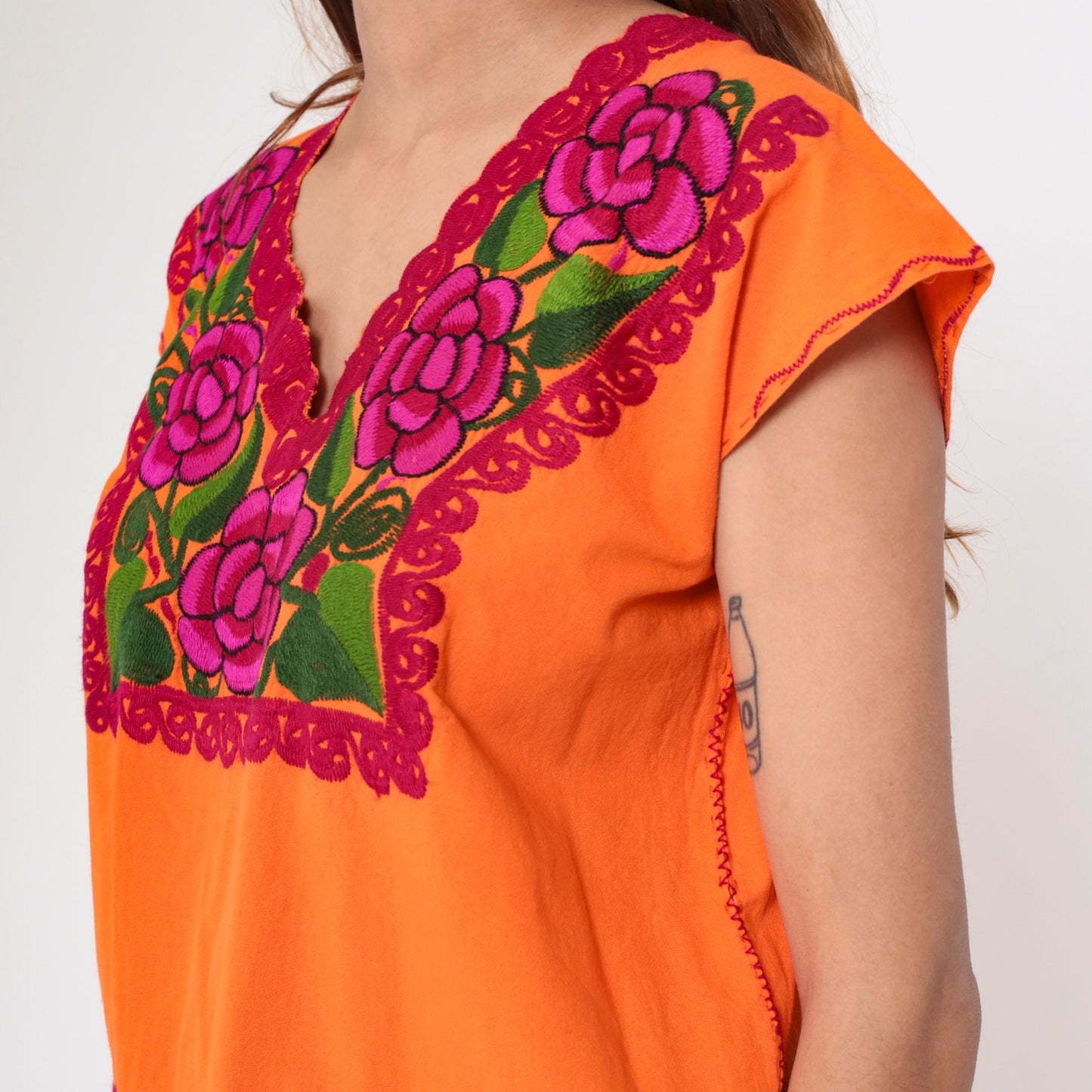 90s Orange Floral Mexican Embroidered Blouse Short Sleeve Cotton Tunic Medium