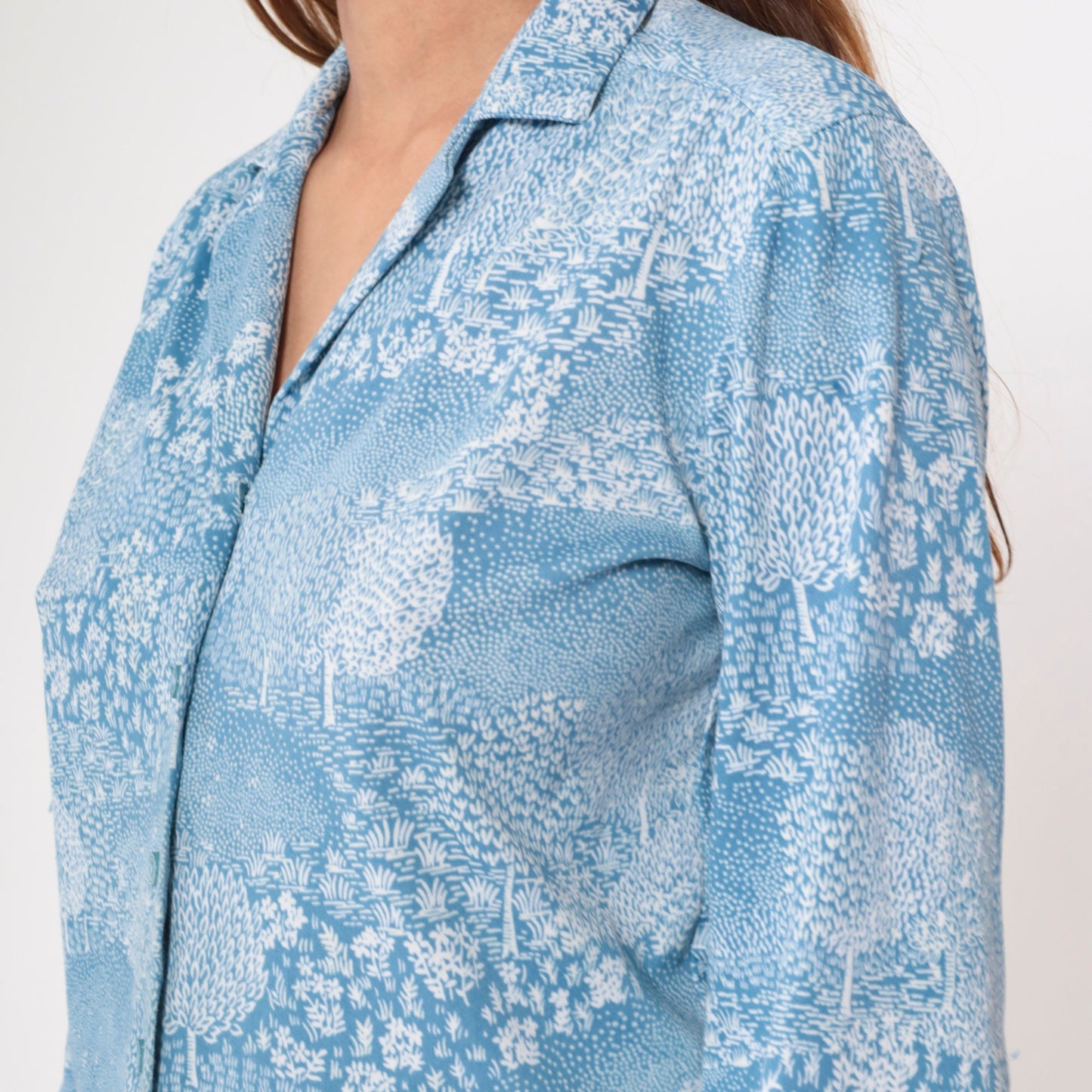 70s Alex Coman Sportswear Tree Floral Print Button-Up Blouse Blue Medium