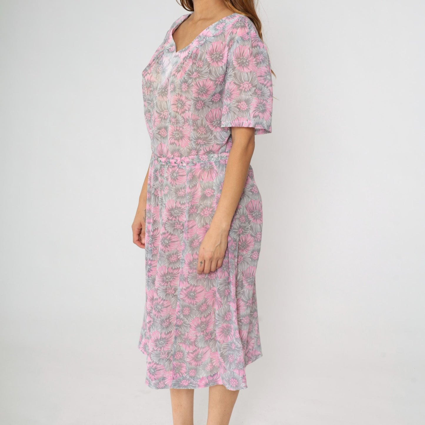 60s Floral Shift Dress Pink Grey Flower Print Midi V-Neck Short Sleeve Extra Large