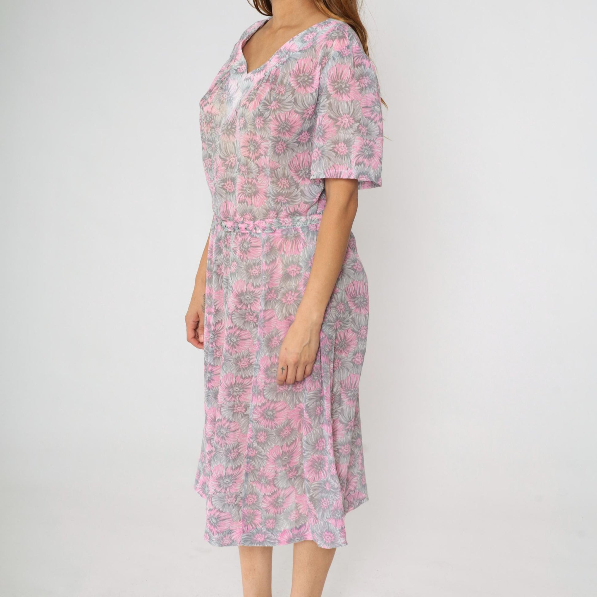 60s Floral Shift Dress Pink Grey Flower Print Midi V-Neck Short Sleeve Extra Large