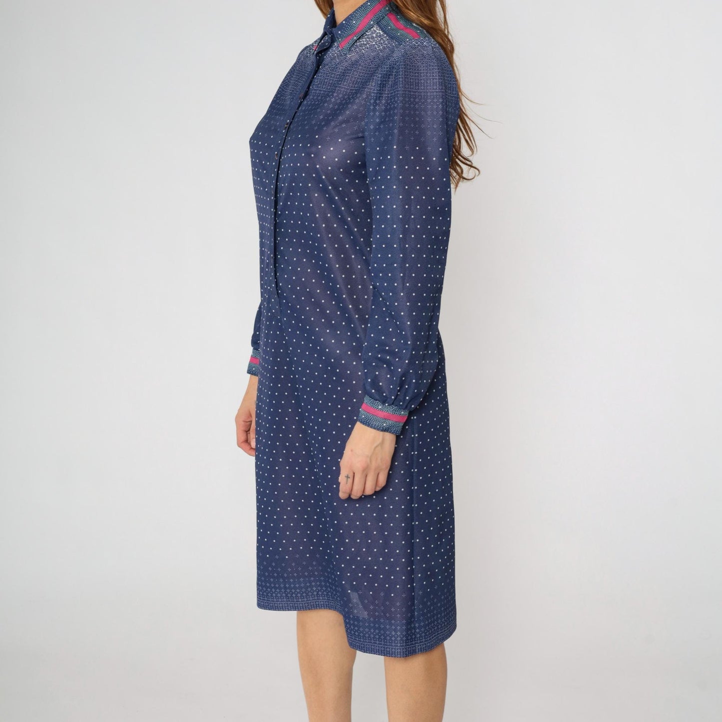 70s Dark Blue Polka Dot Shirtdress Midi Puff Sleeve Collared Button-Up Medium