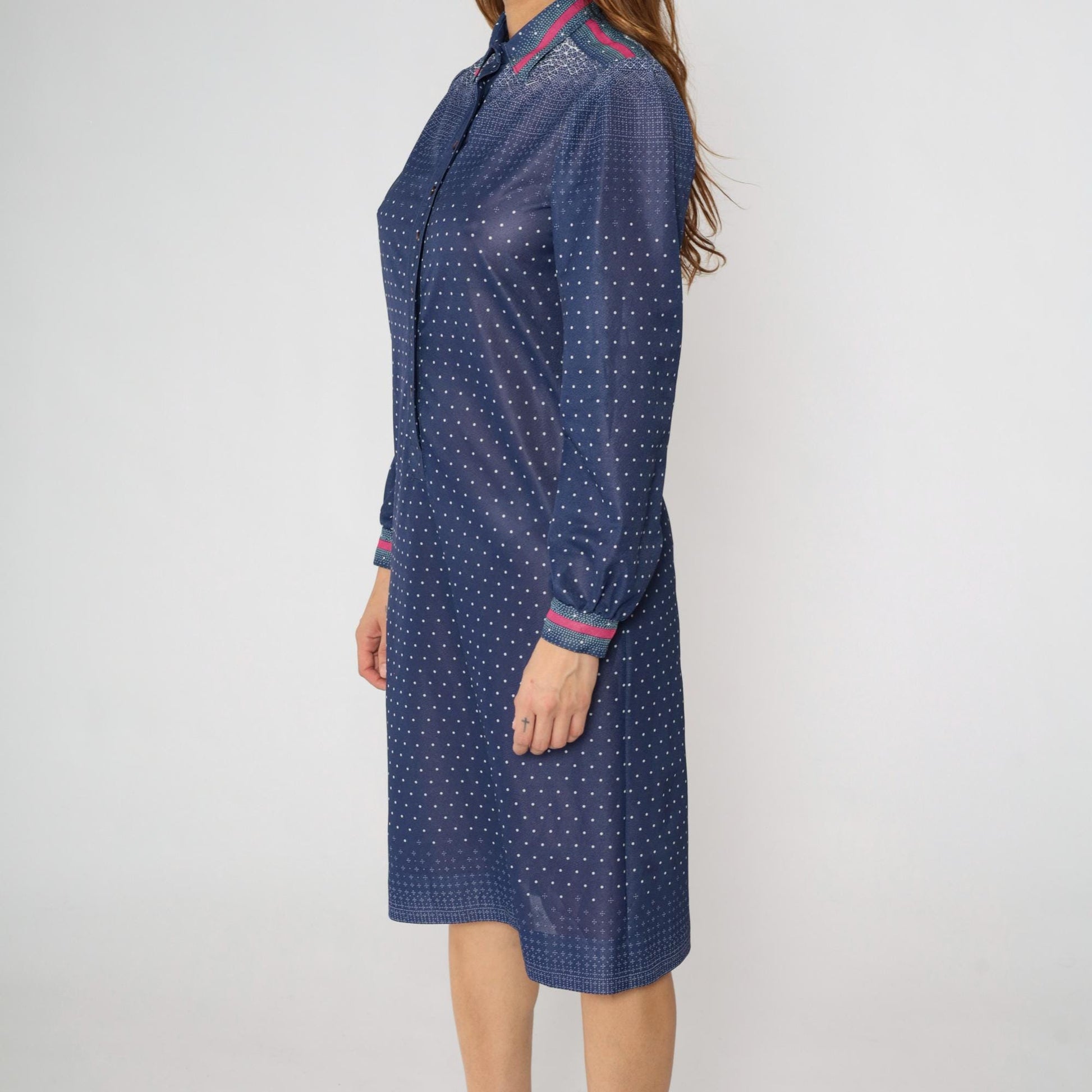 70s Dark Blue Polka Dot Shirtdress Midi Puff Sleeve Collared Button-Up Medium