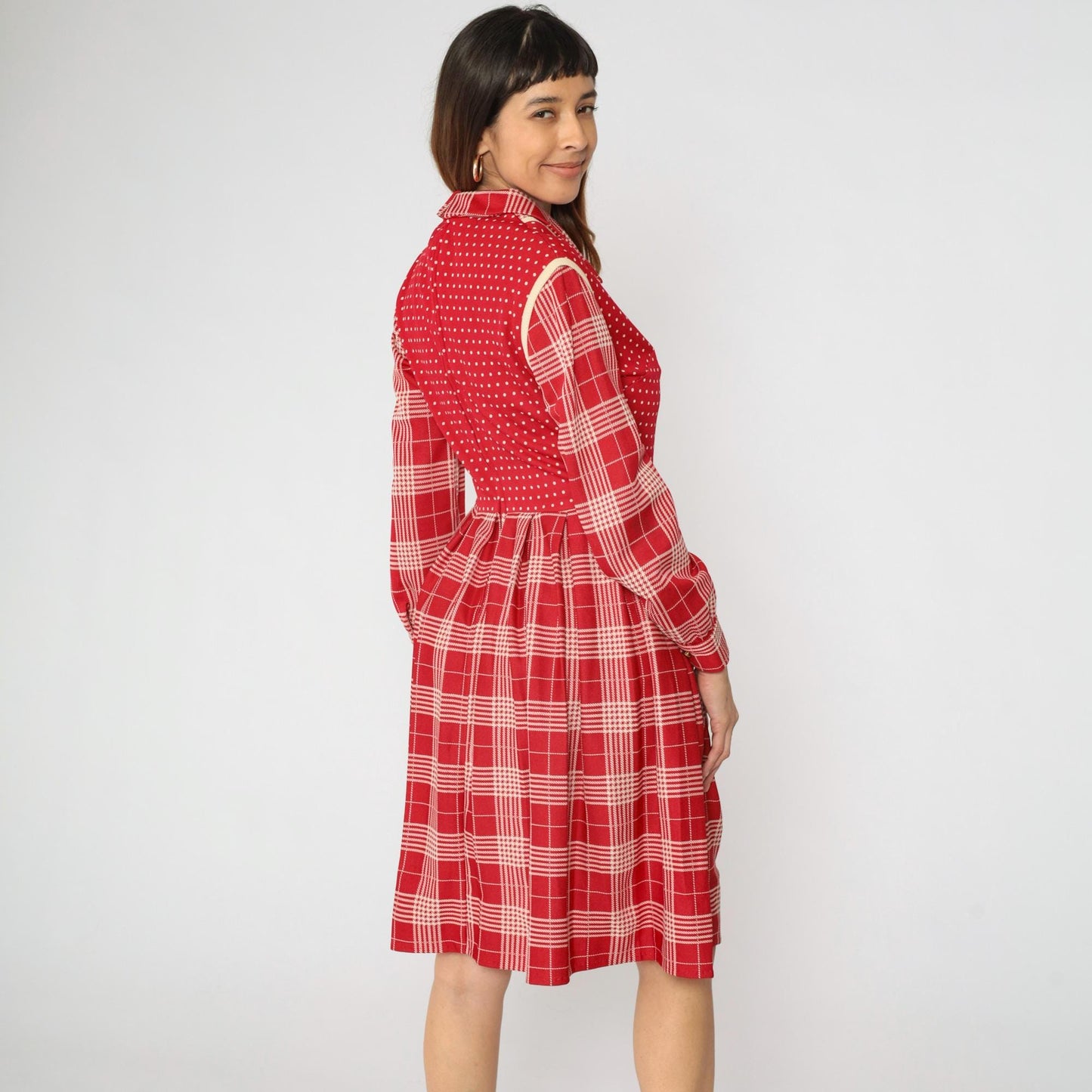 70s Plaid Polka Dot Dress Red High Waist Pleated Vest Midi Medium