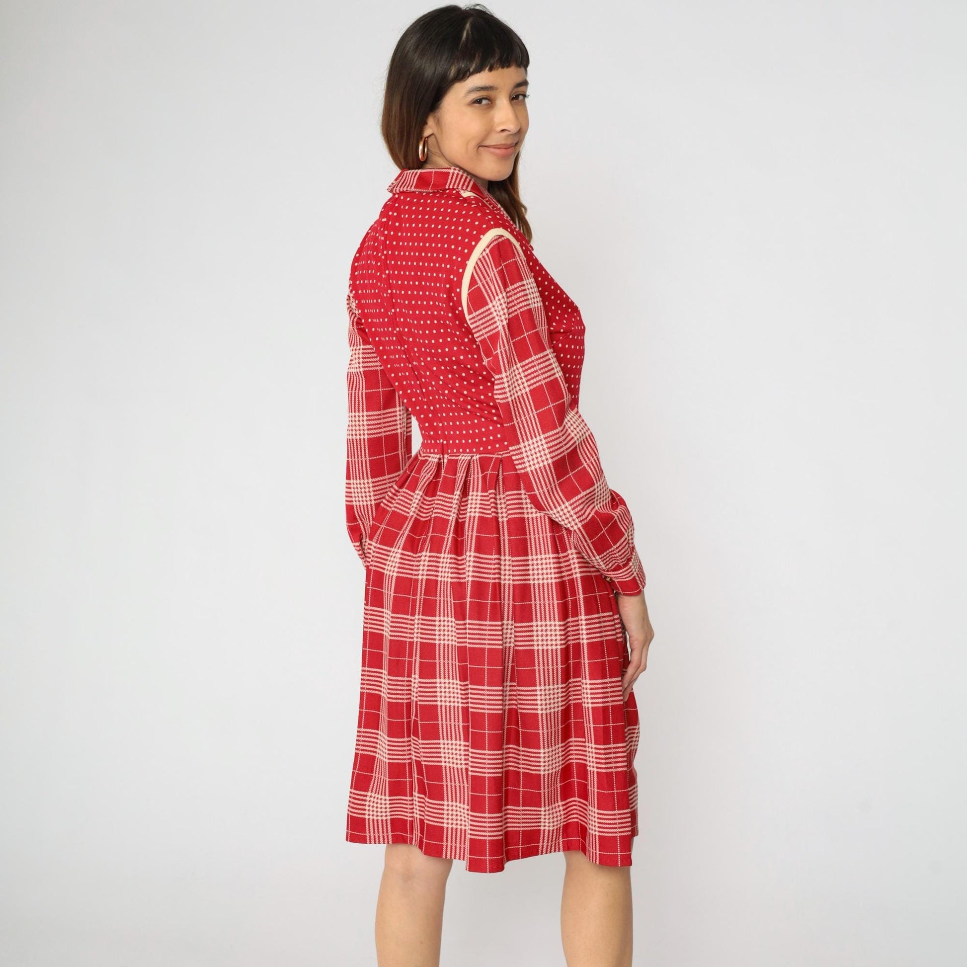 70s Plaid Polka Dot Dress Red High Waist Pleated Vest Midi Medium