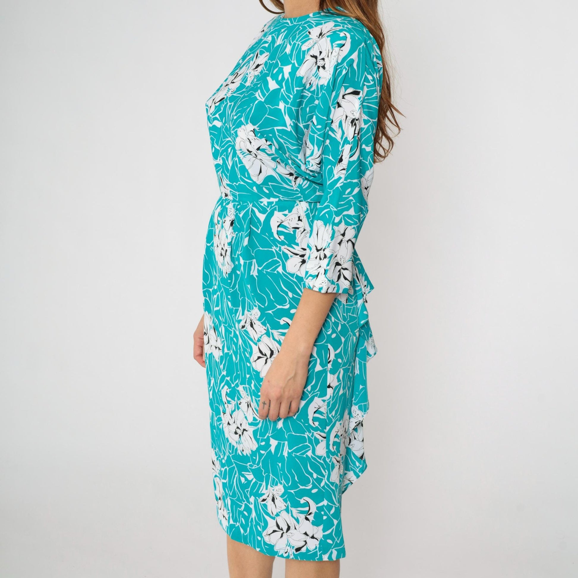 80s Turquoise Floral Midi Dress Keyhole Back Dolman Sleeve High Waist Small