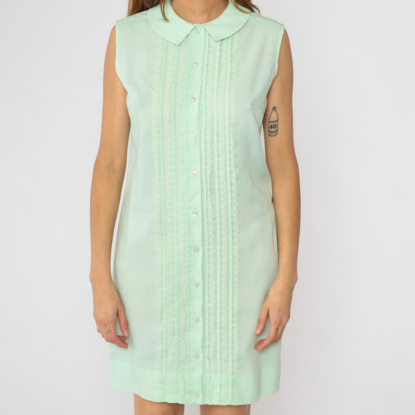 60s Mint Green Peter Pan Collar Mini Dress Sleeveless Button Front Medium
