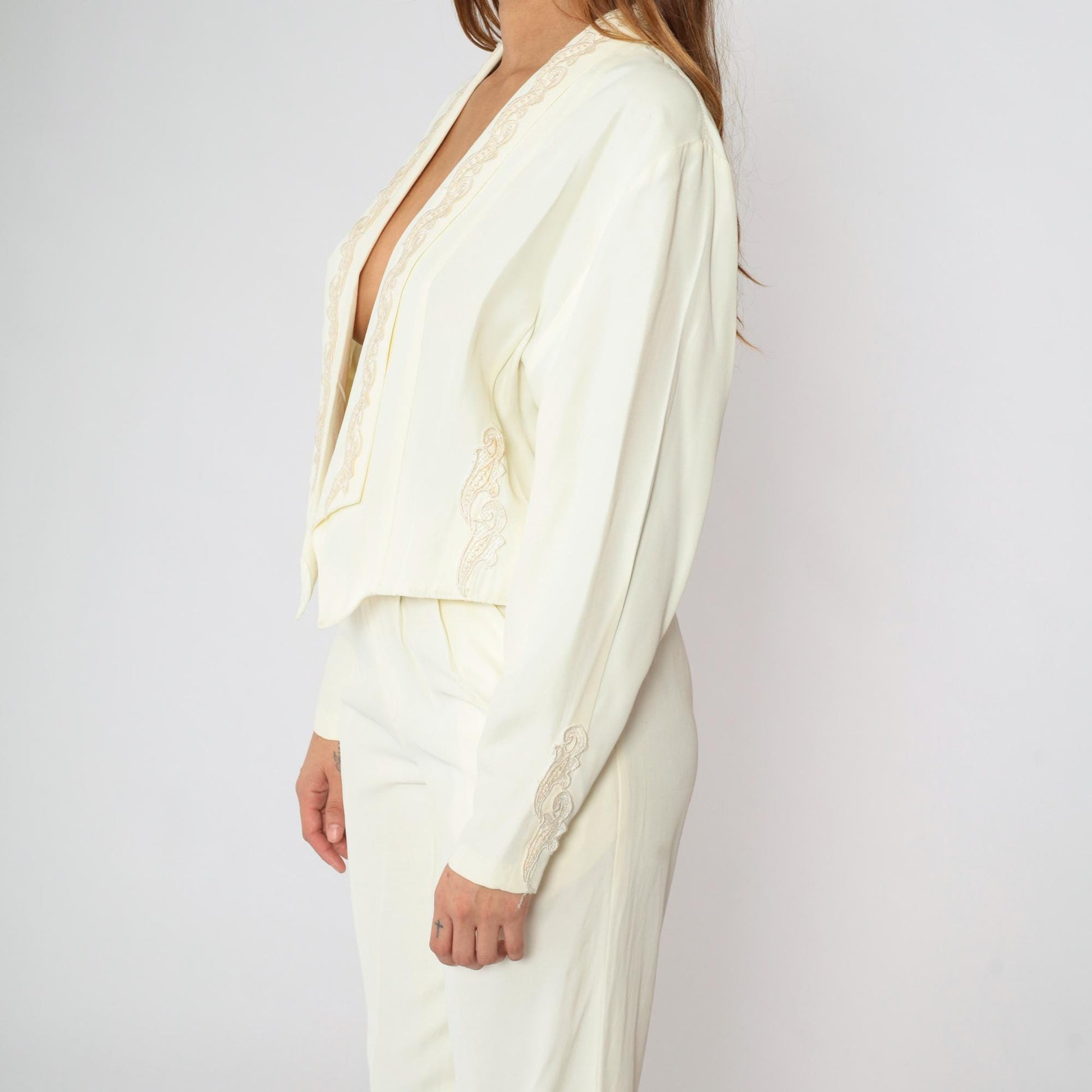 80s Two Piece Suit Cream Embroidered Blazer & Tapered Pants Set Small