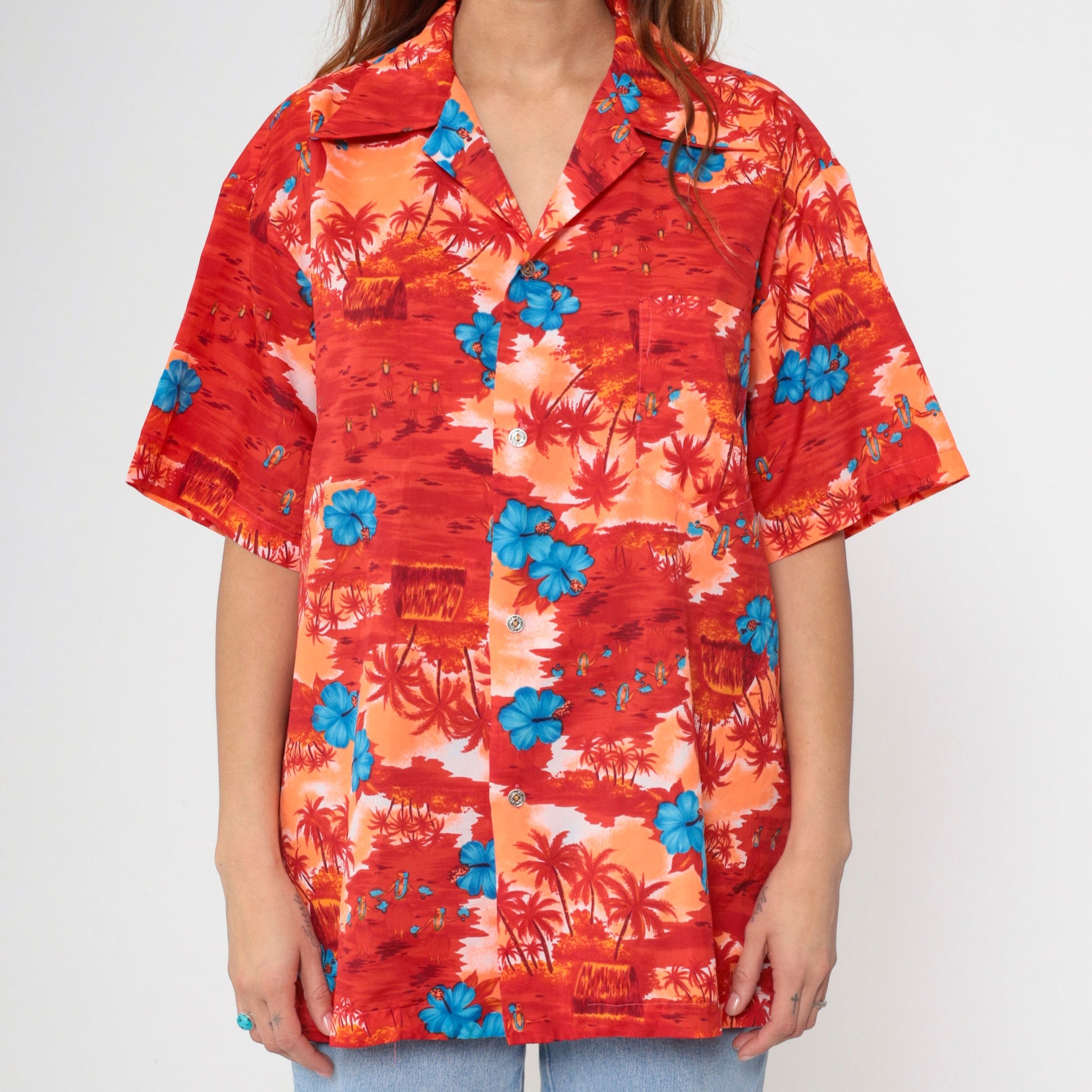 70s Hawaiian Shirt Tropical Floral Hula Dancer Palm Print Button Up Extra Large