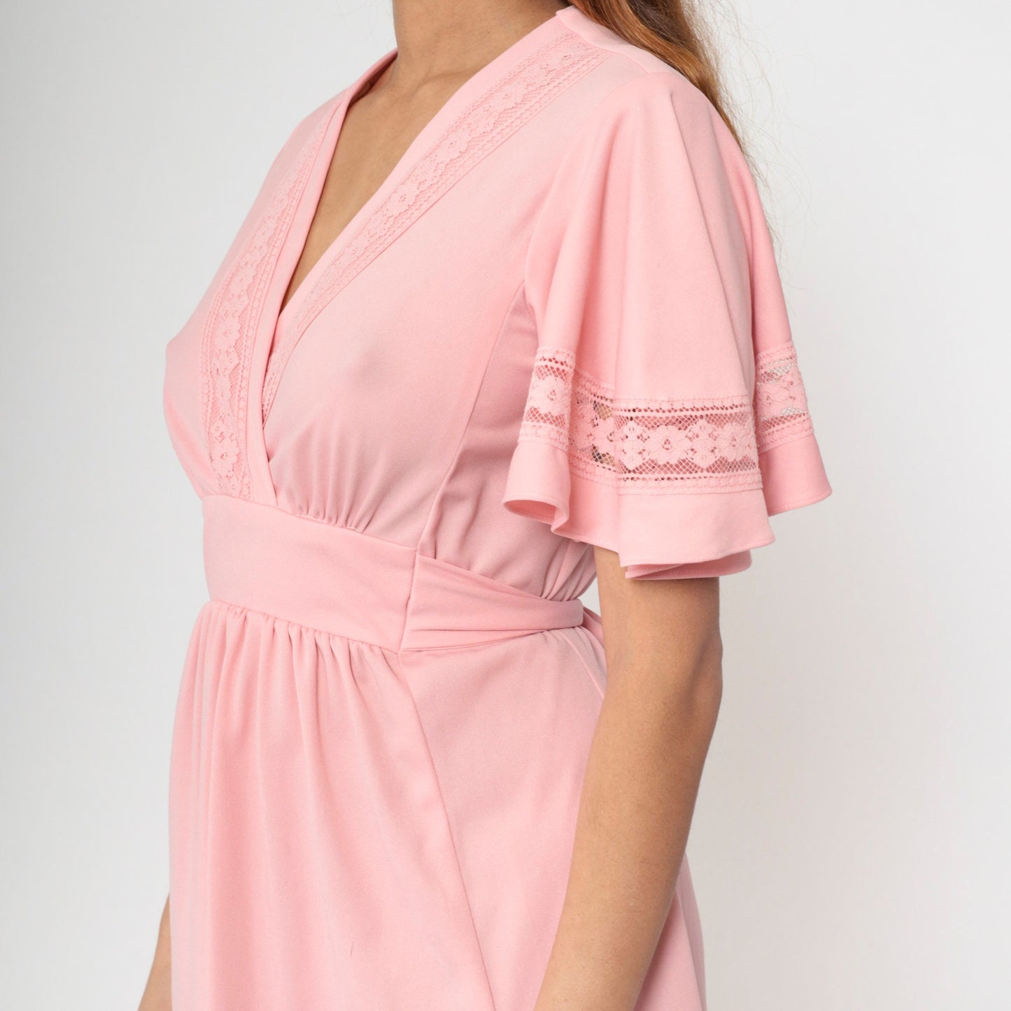 70s Pink Babydoll Dress Flutter Sleeve Empire Waist Mini V-Neck Small Medium