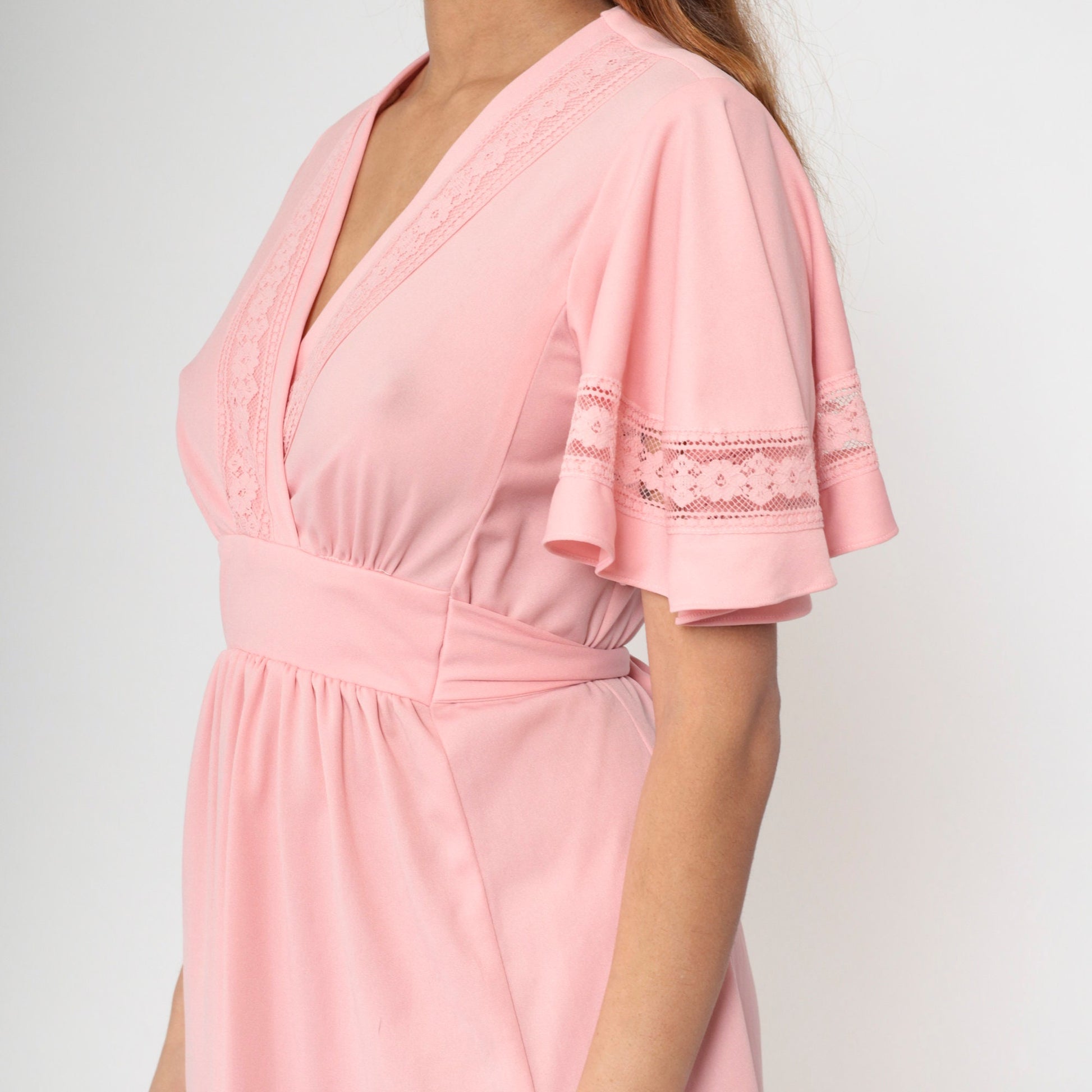 70s Pink Babydoll Dress Flutter Sleeve Empire Waist Mini V-Neck Small Medium