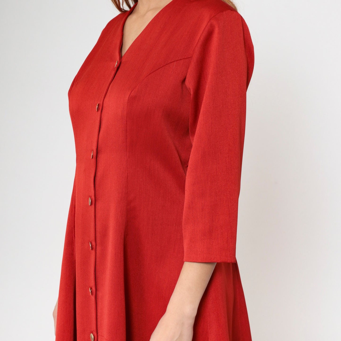 80s Red Button-Up Shirtdress V-Neck Princess Seam Flare Large