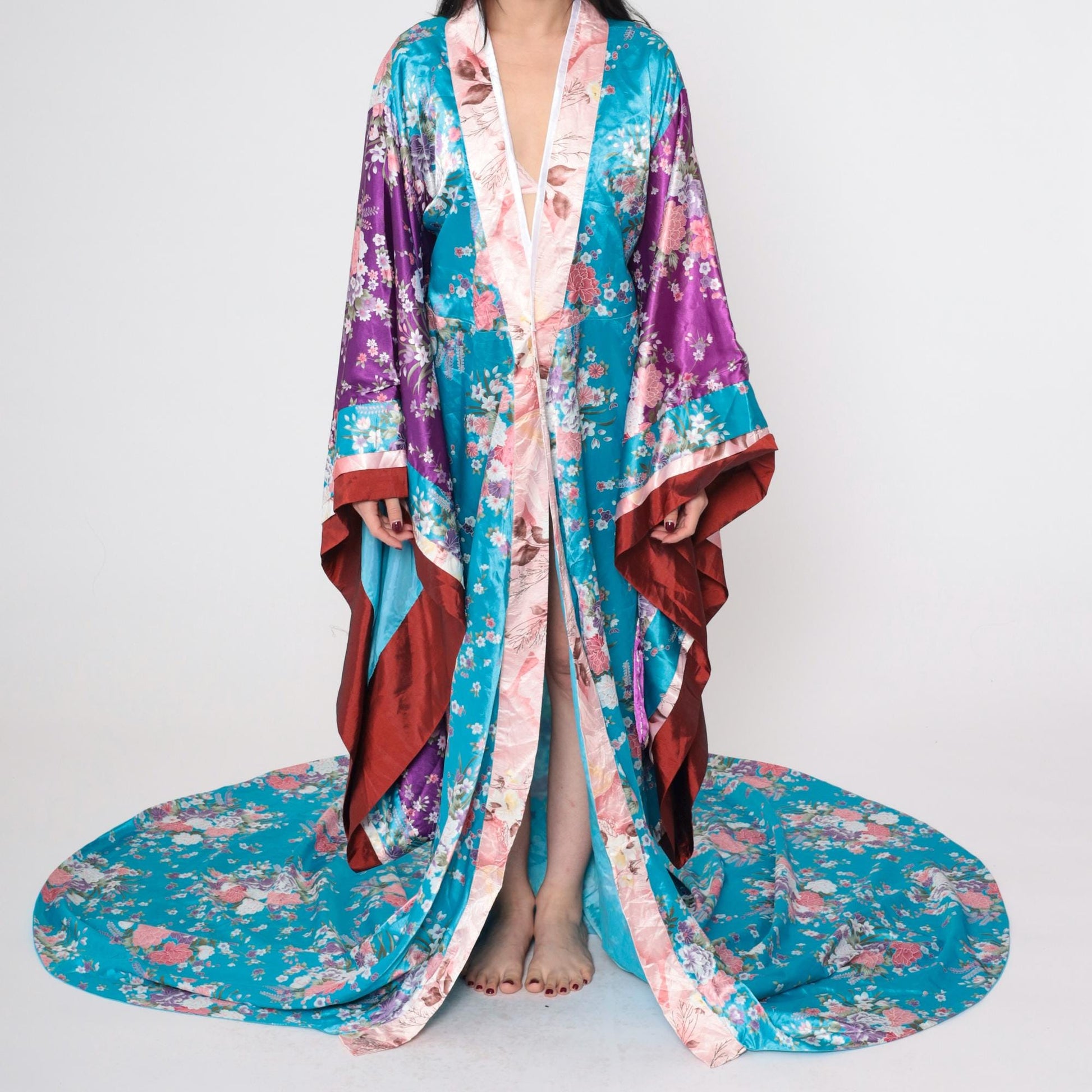 Vintage Floral Silk Kimono Robe Turquoise Purple Long Train Open Front