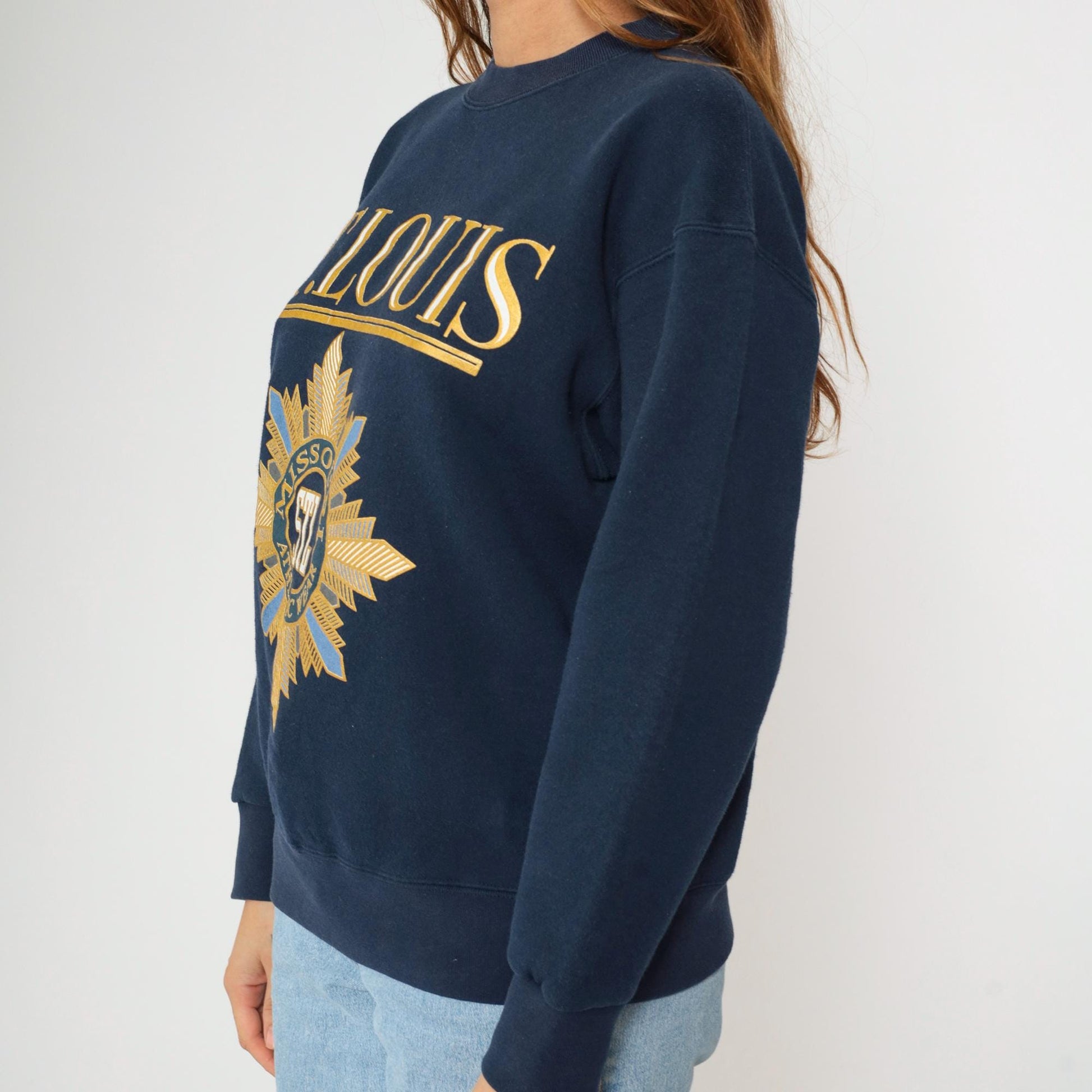 90s St. Louis Missouri Navy Crewneck Sweatshirt Gold Graphic Medium