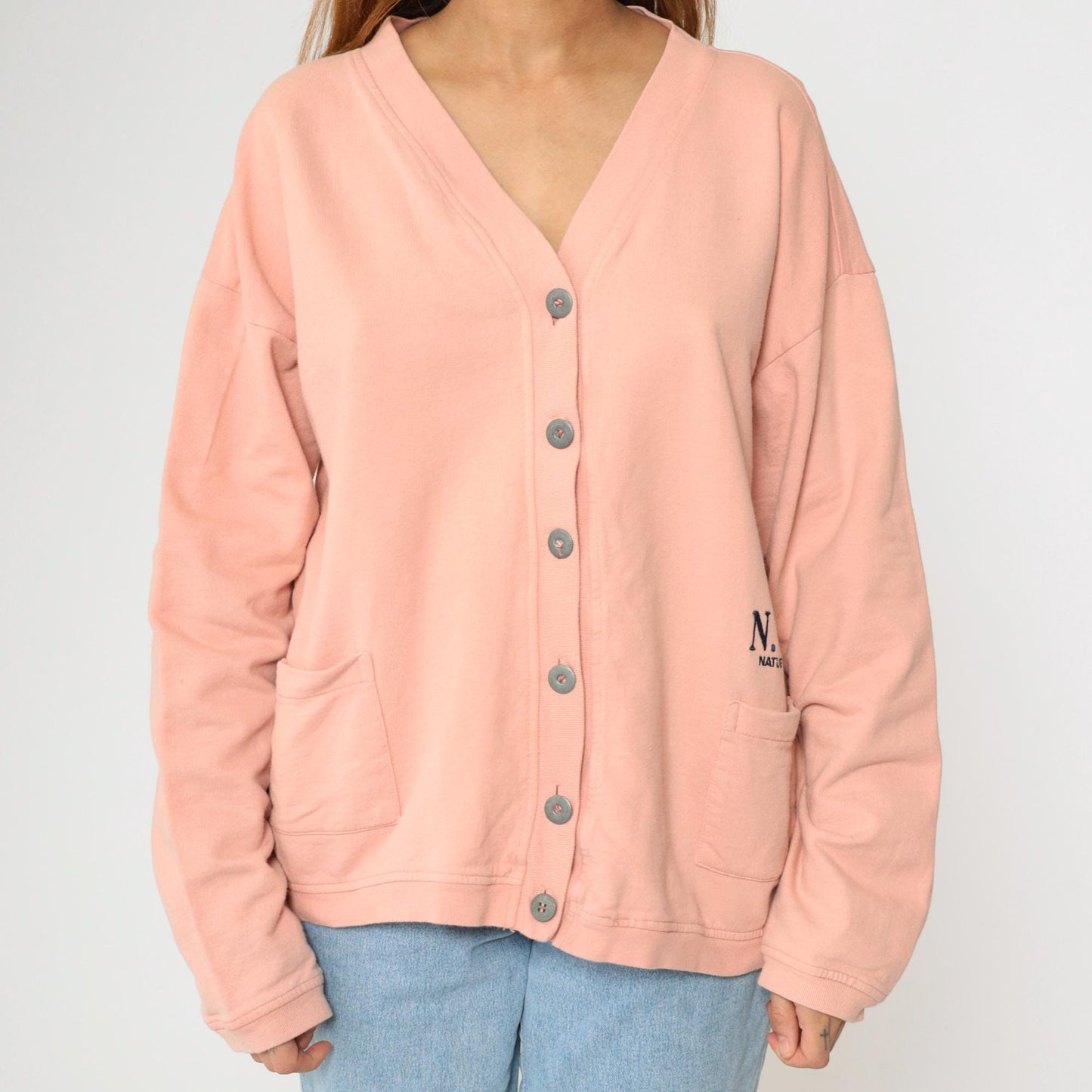 90s Peach Cardigan Sweatshirt N.Y.I. Nature Brand Button Up Cotton Large L