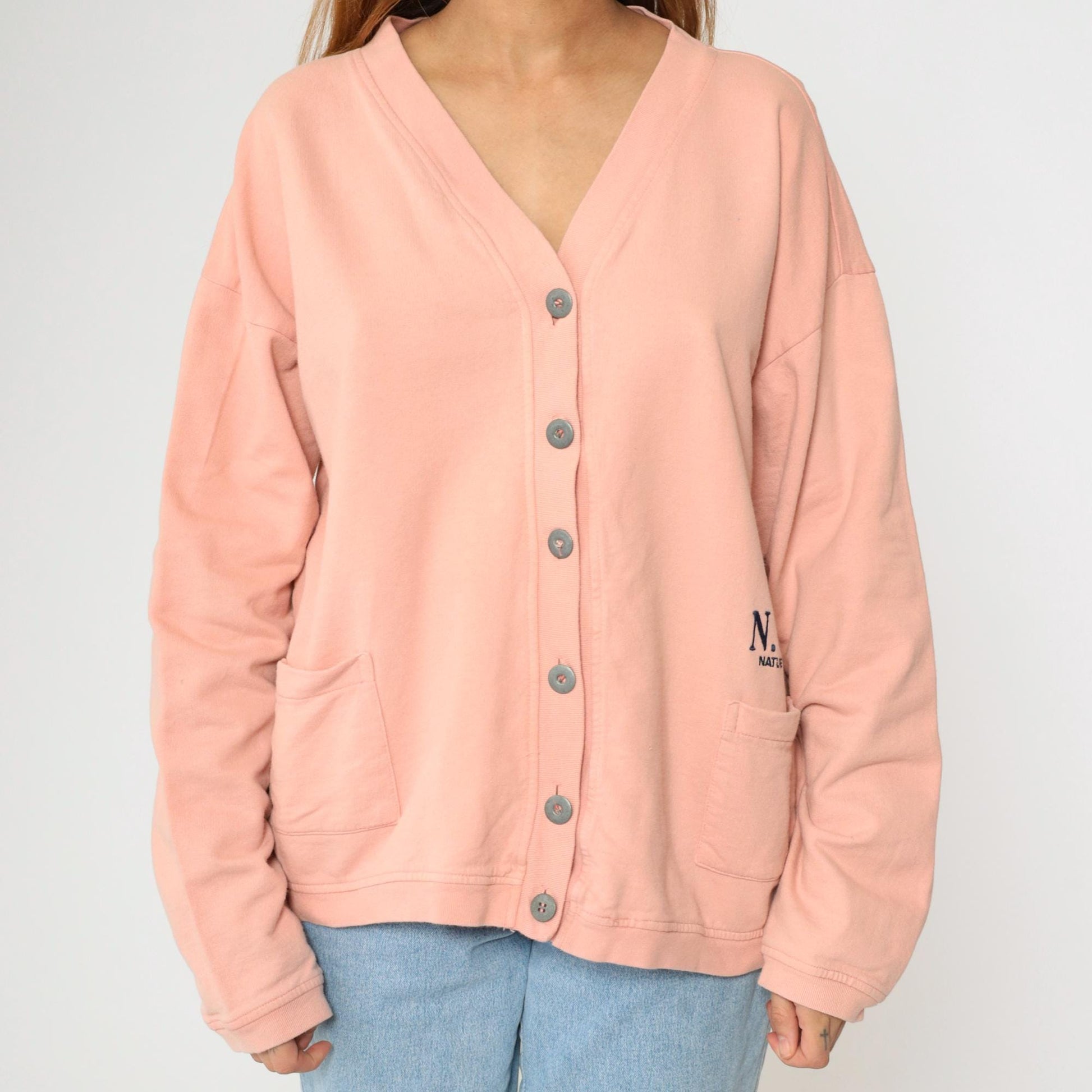 90s Peach Cardigan Sweatshirt N.Y.I. Nature Brand Button Up Cotton Large L