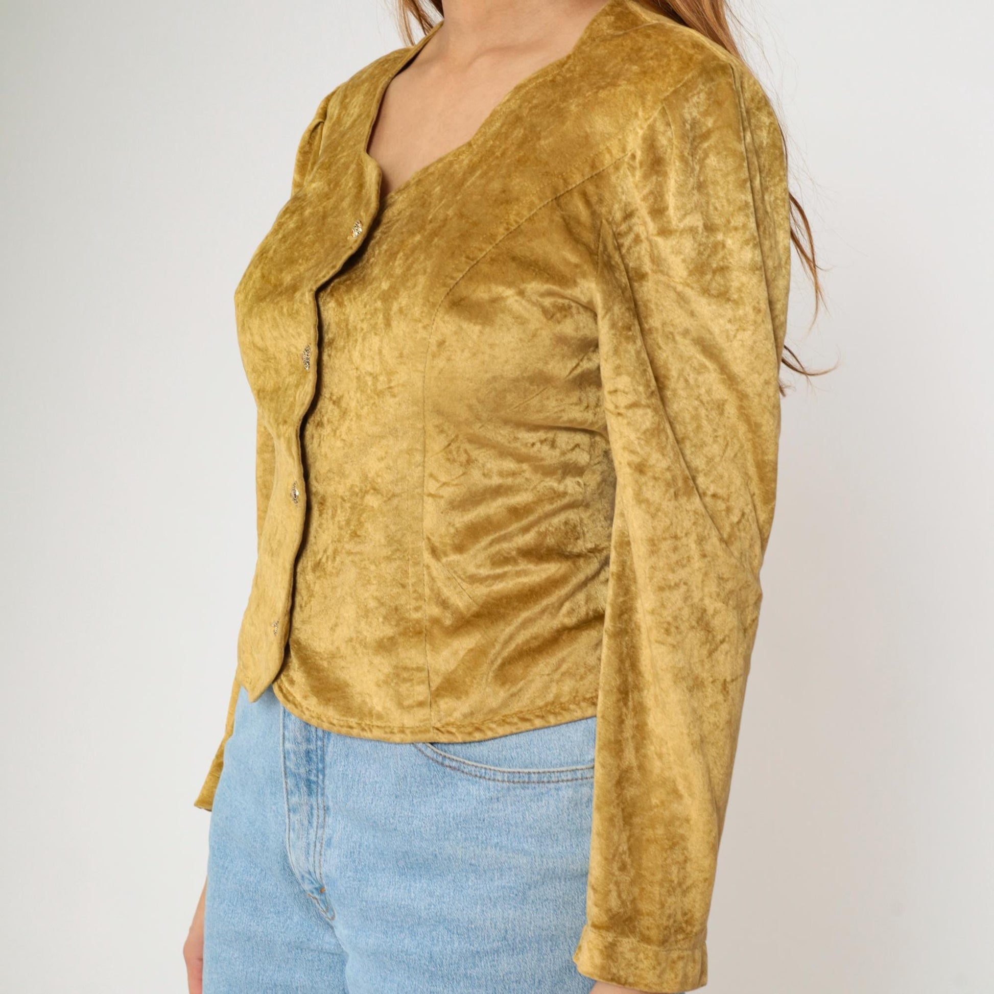 80s Betty Barclay Gold Velour Blouse Puff Sleeve Scalloped Button Medium