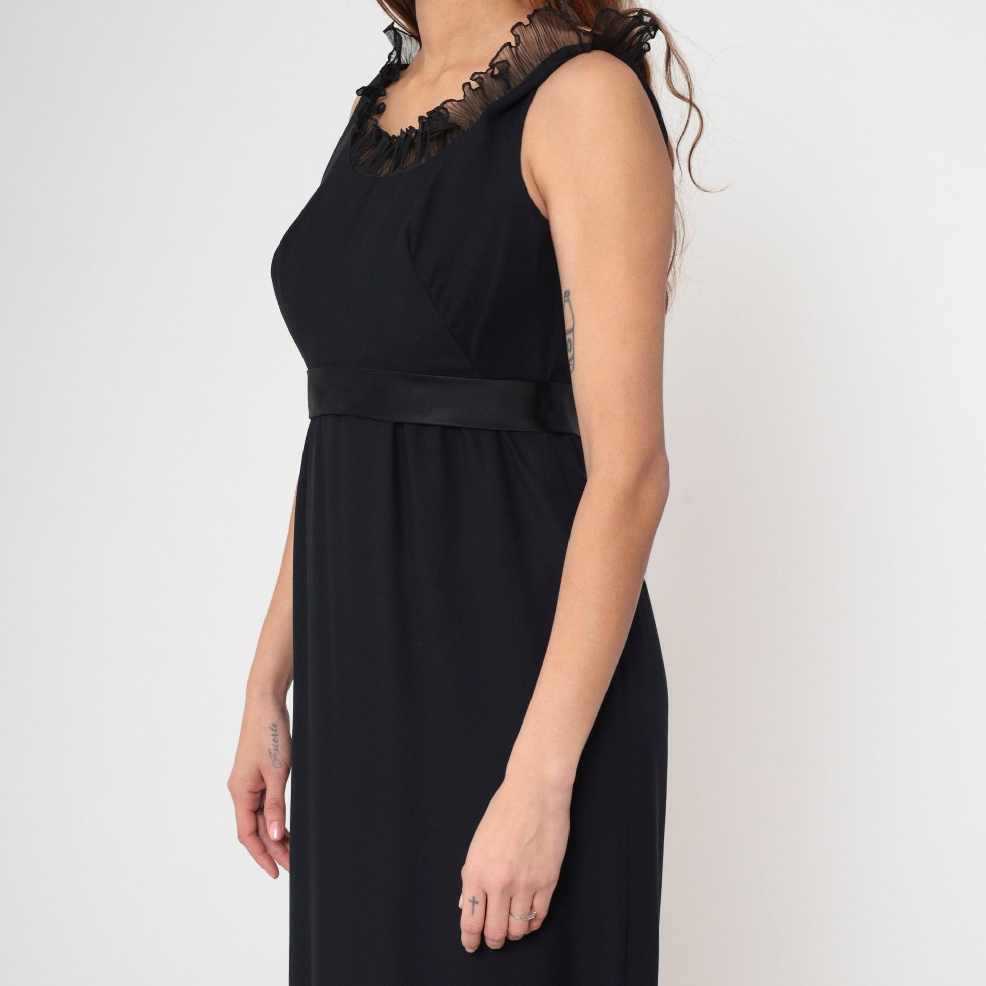 60s Black Empire Waist Maxi Dress Ruffled Neckline Satin Bow Small