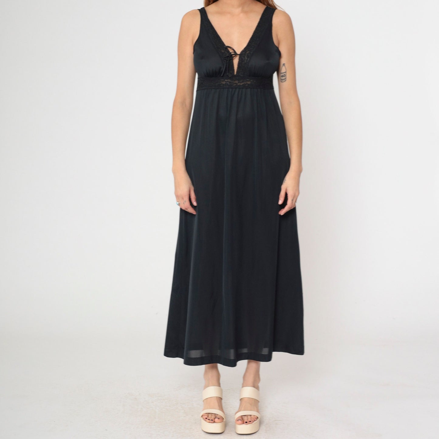 70s Black Nylon Maxi Slip Dress Empire Waist V Neck Lace Trim Medium