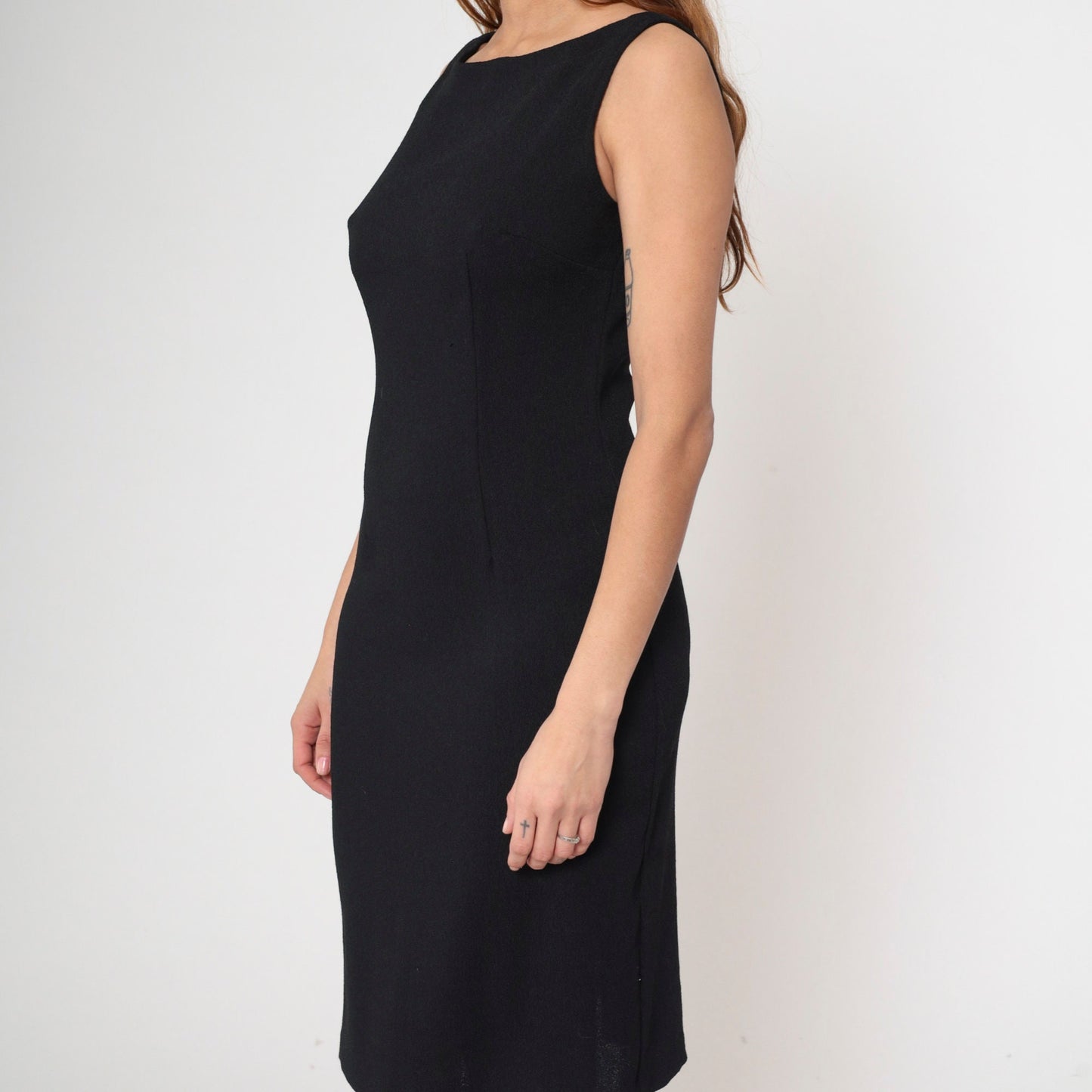 90s Black Mini Sheath Dress Sleeveless Boatneck Zipper Back Small
