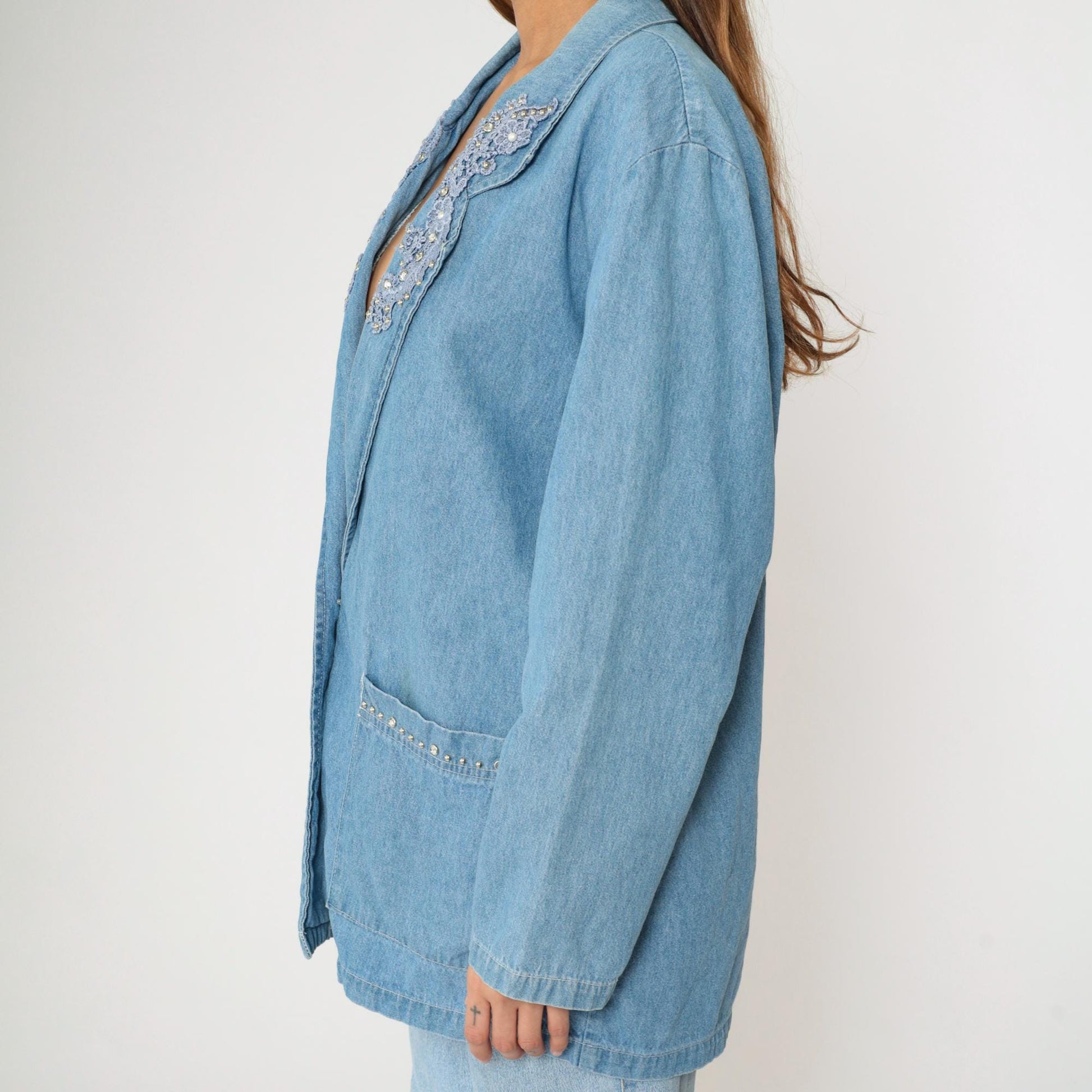90s Bridge Sportswear Denim Blazer Blue Studded Rhinestone Lace Medium