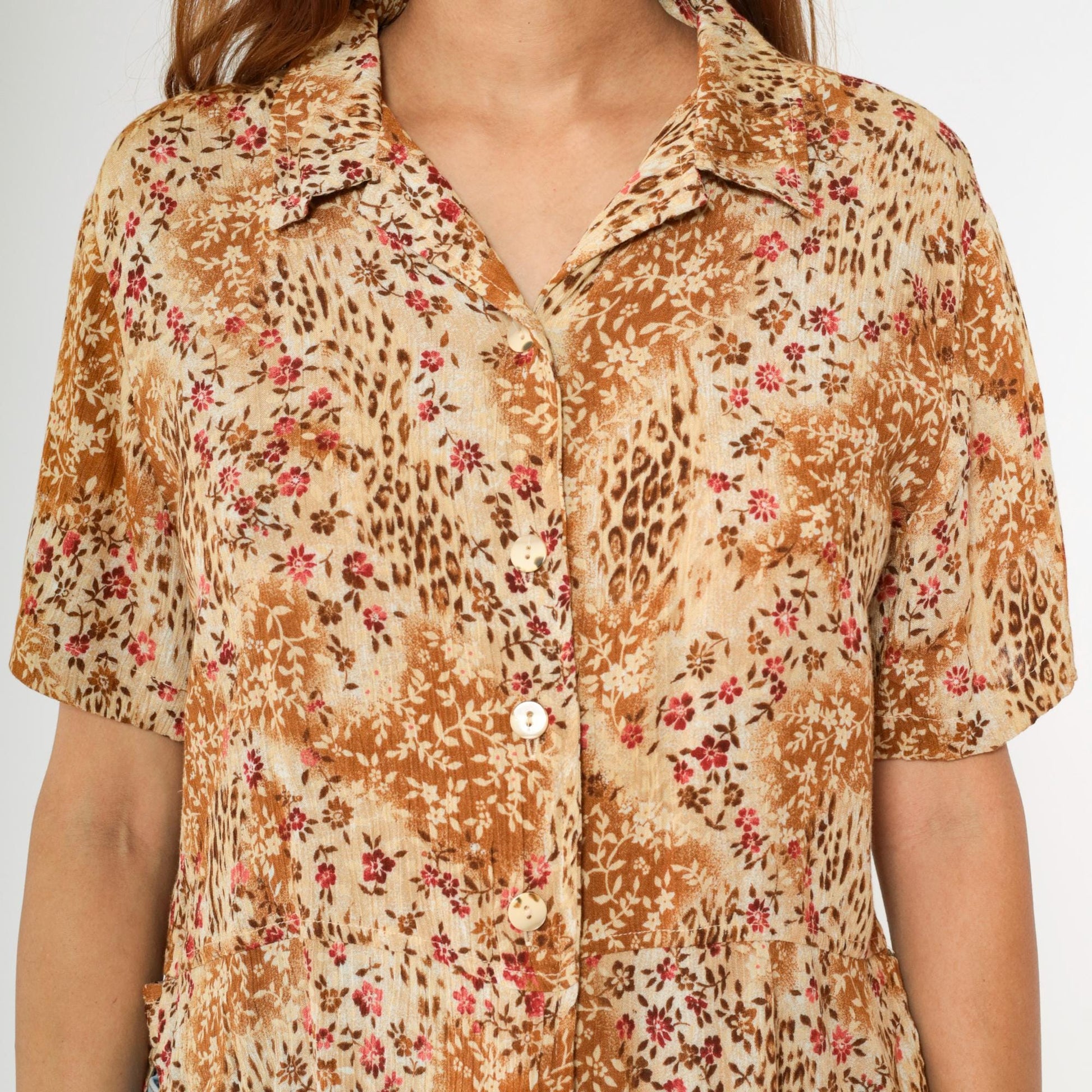 90s Kathie Lee Leopard Floral Button Up Blouse Tan Brown Short Sleeve Medium