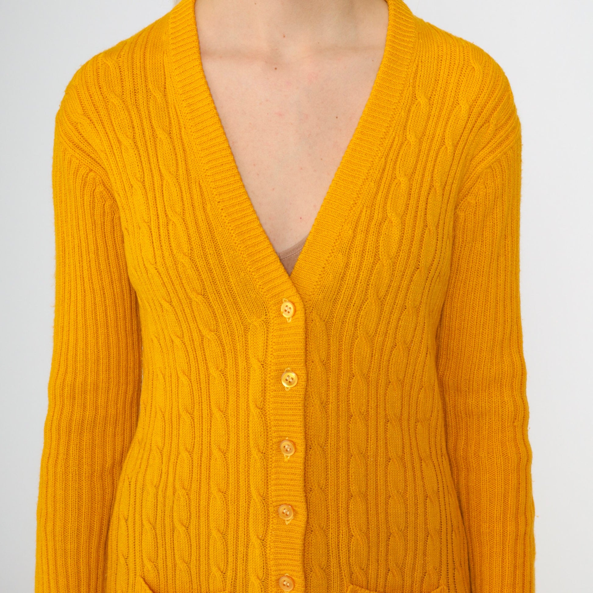 70s Tangerine Cable Knit Cardigan V Neck Button Up Orange Small