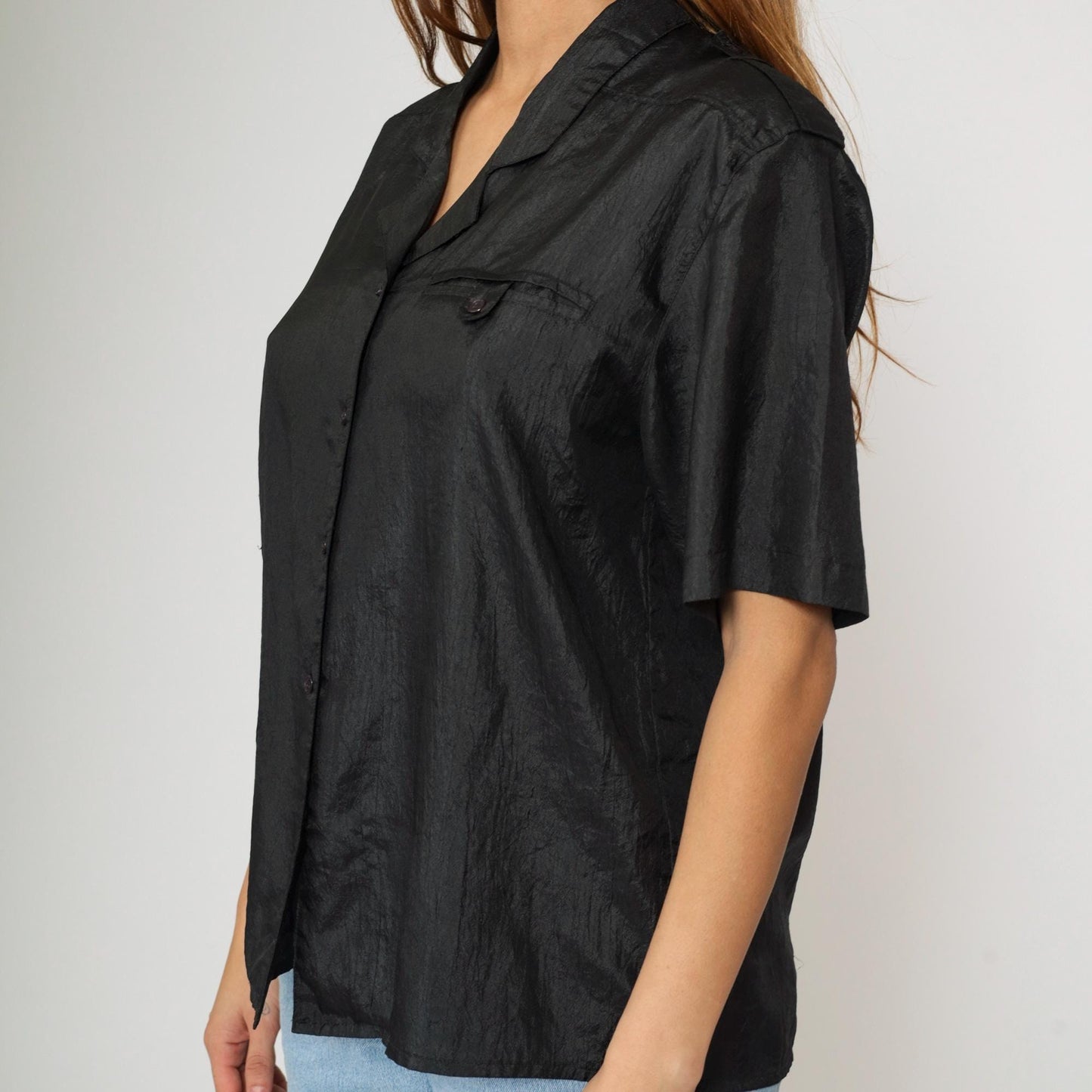 90s Black Polyester Button-Up Blouse Chest Pocket Short Sleeve Large L