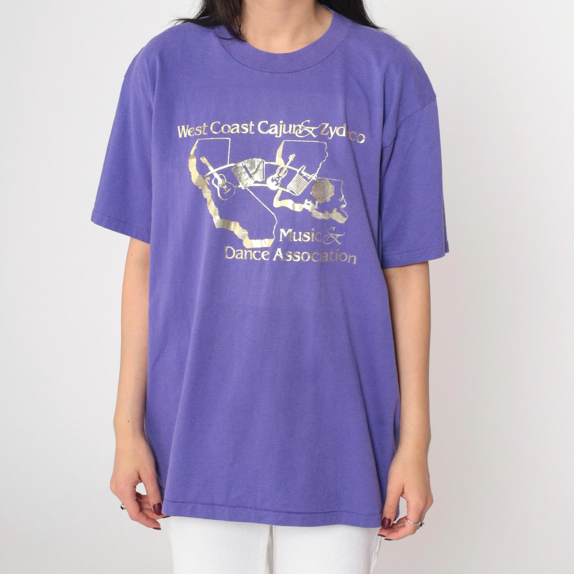 90s West Coast Cajun Zydeco Music Graphic T-Shirt Purple Metallic Large