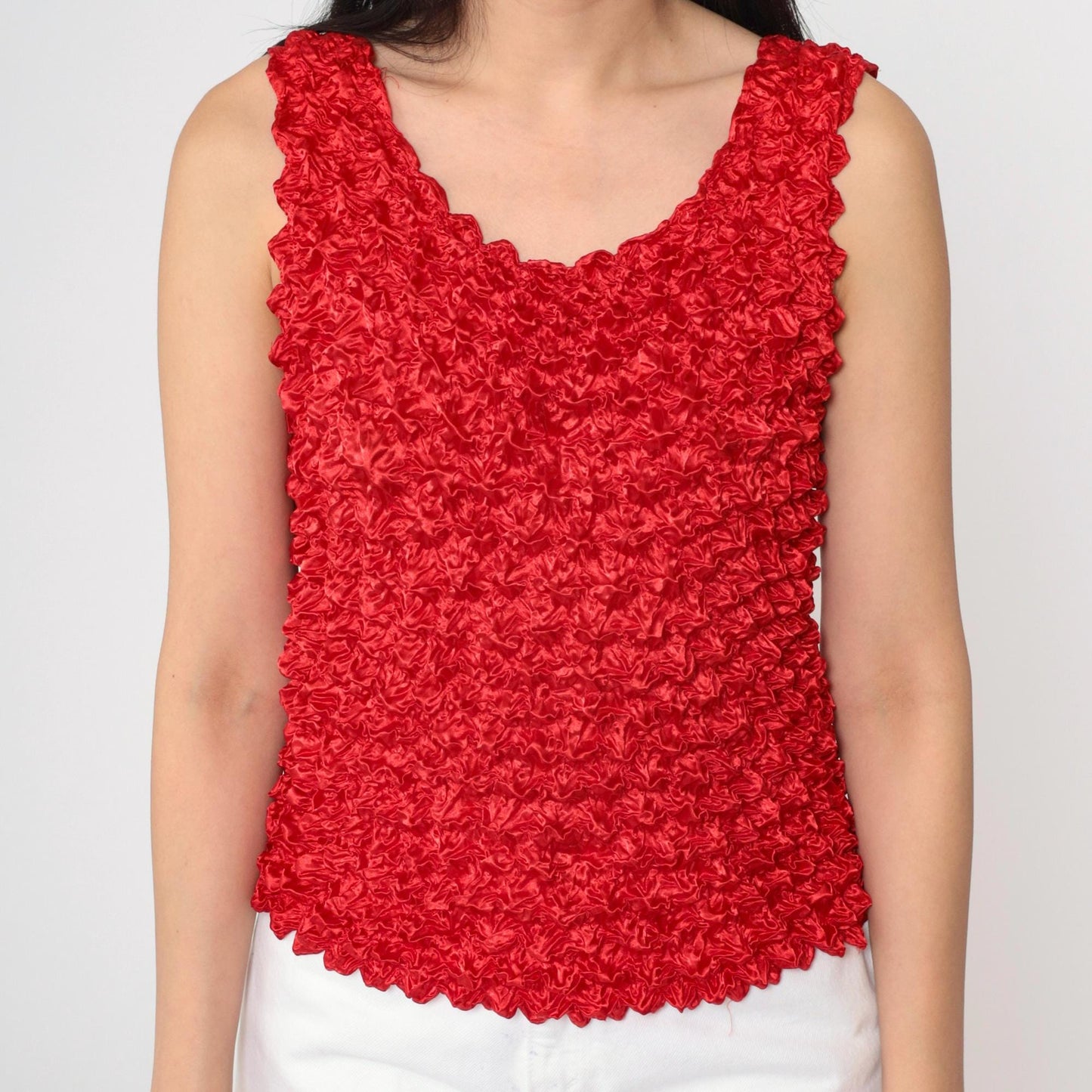 Y2K Red Popcorn Texture Tank Top Stretchy Sleeveless Blouse Small Medium Large