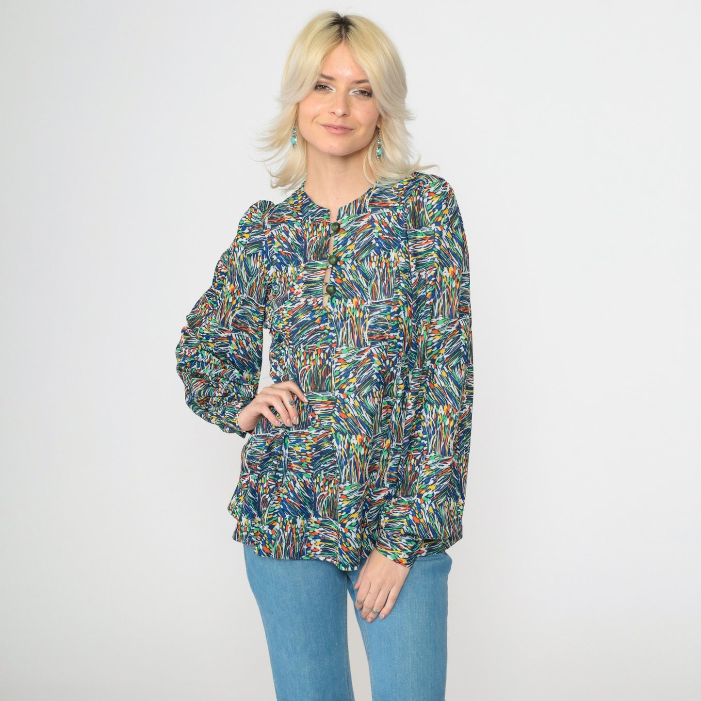 70s Blue Abstract Floral Puff Sleeve Button Up Blouse Small