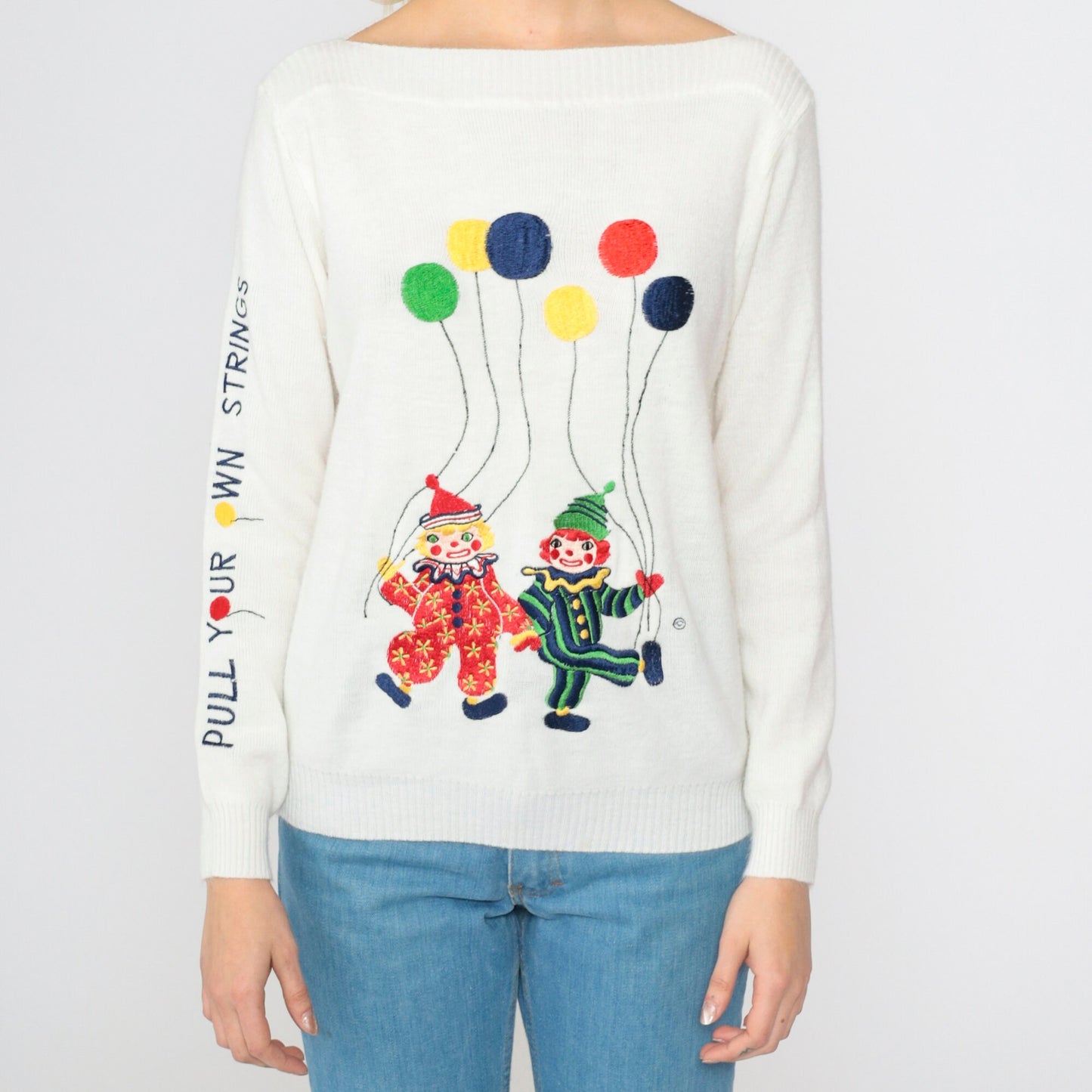 70s Clown Embroidered Sweater White Boatneck Pullover Novelty Small S