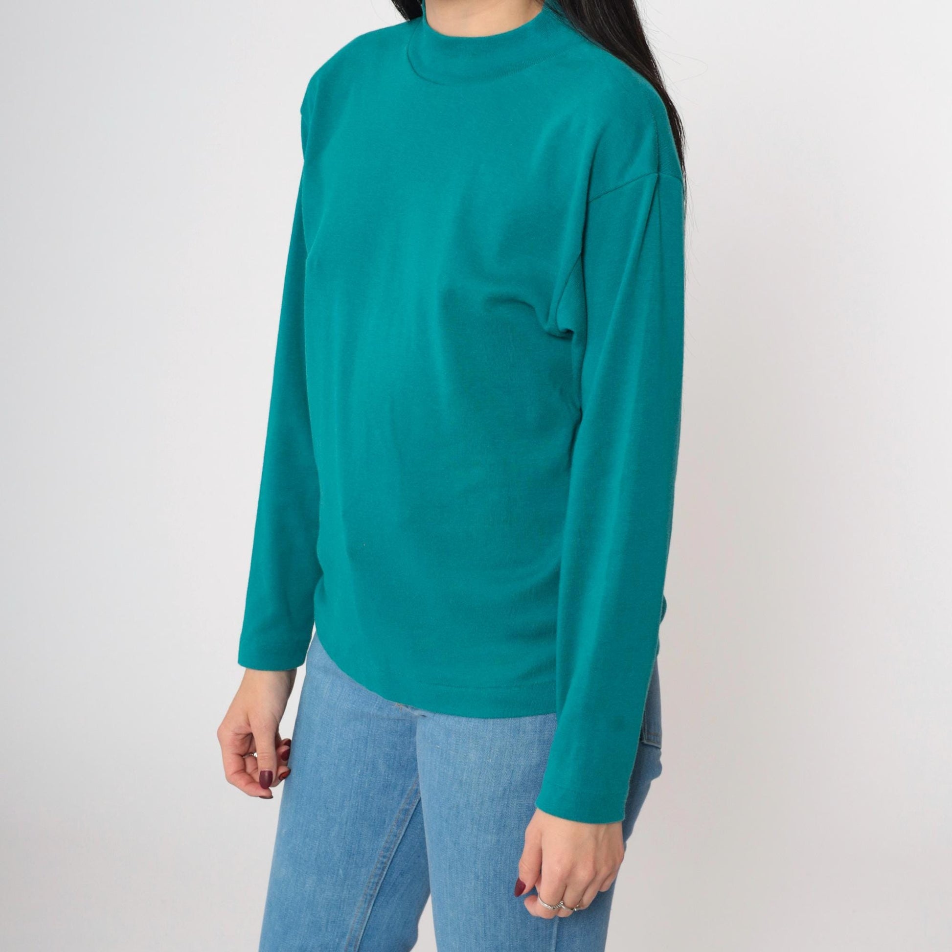 90s Teal Mock Neck Long Sleeve T-Shirt Small S