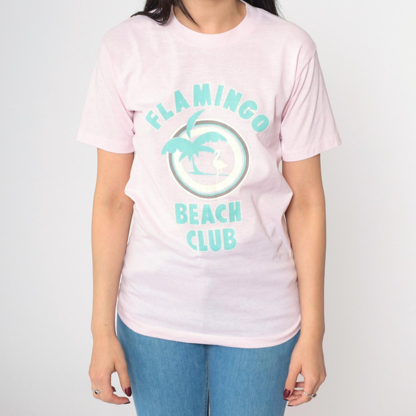 80s Pink Flamingo Beach Club Graphic Tee Single Stitch Crewneck Extra Small