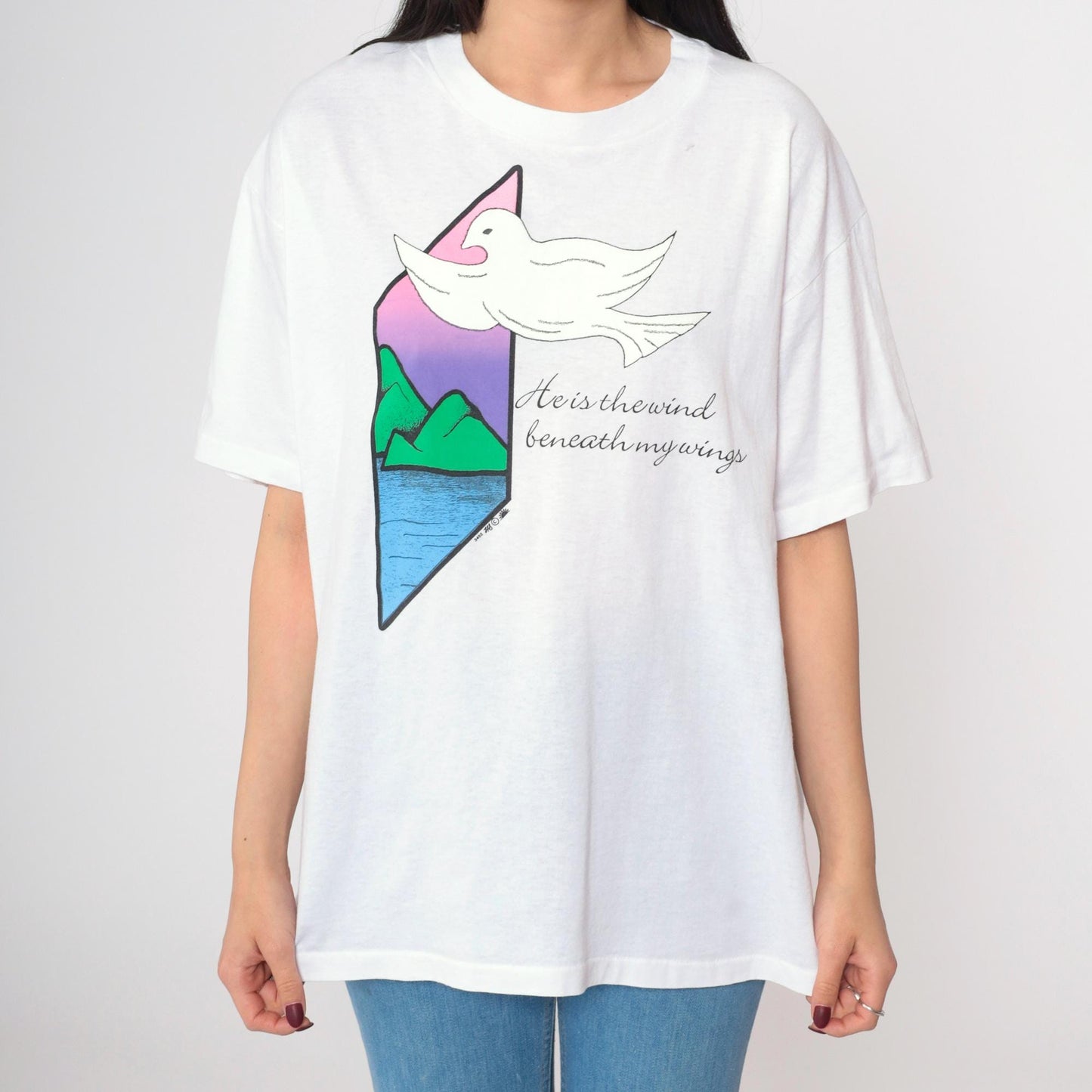 90s Christian Dove Graphic T-Shirt White Crewneck Single Stitch Large
