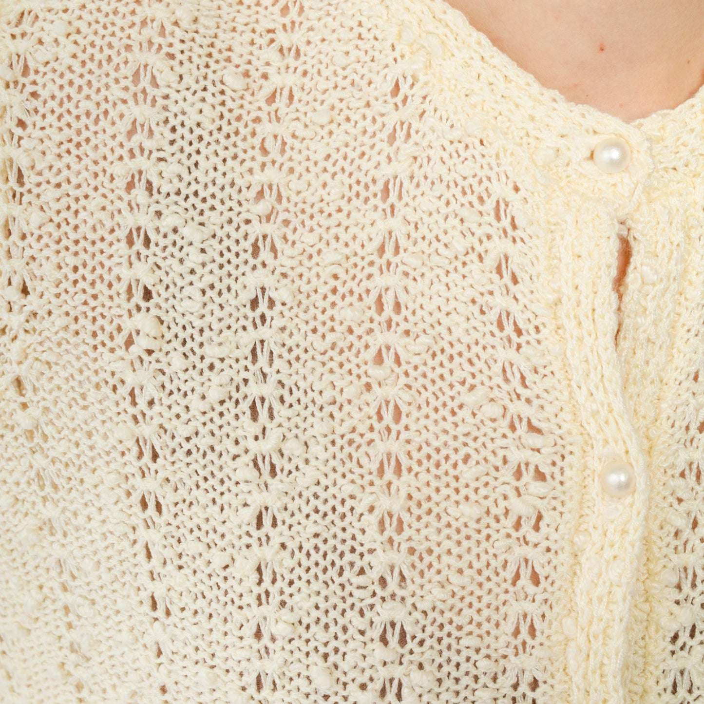 80s Le Roy Knitwear Pale Yellow Cardigan Pearl Buttons Pointelle Knit Small