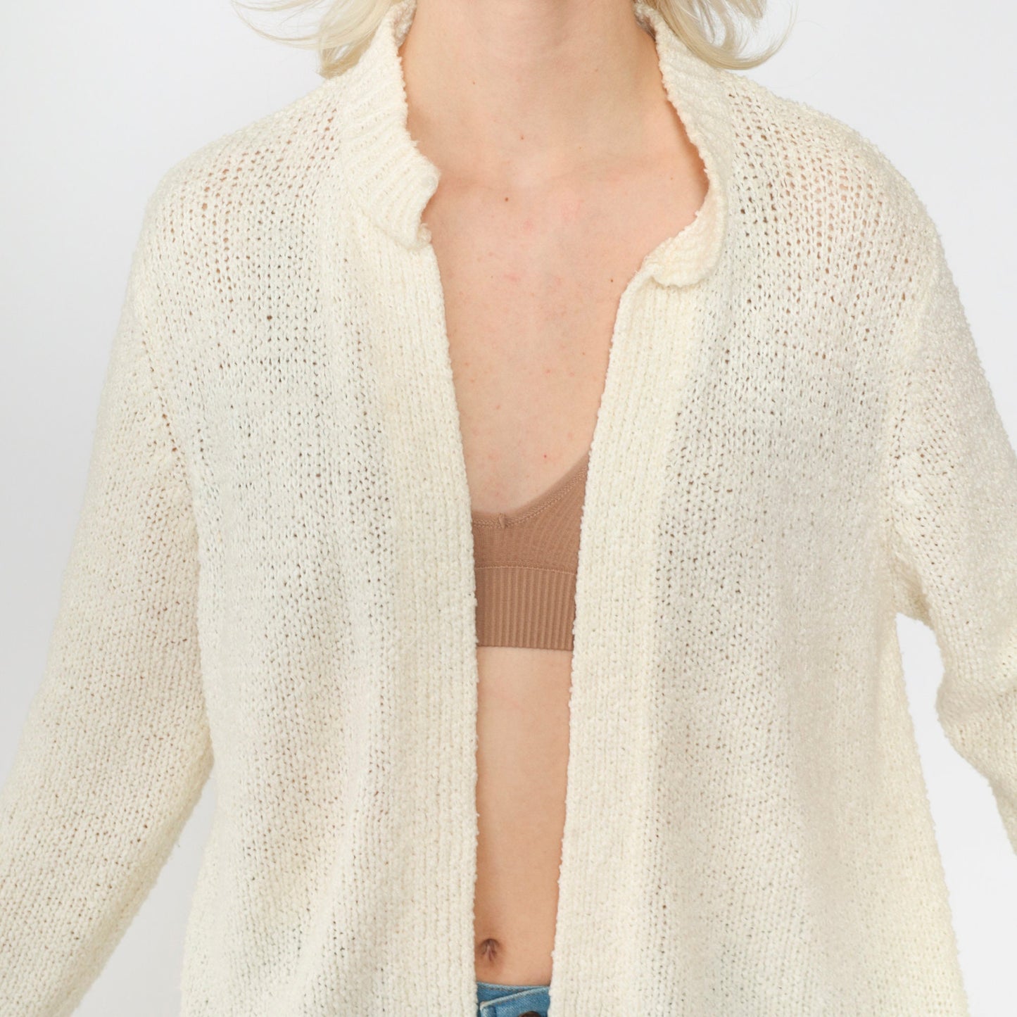 70s Le Roy Knitwear Cream Cardigan Knit Sweater Open Front Pockets Large L