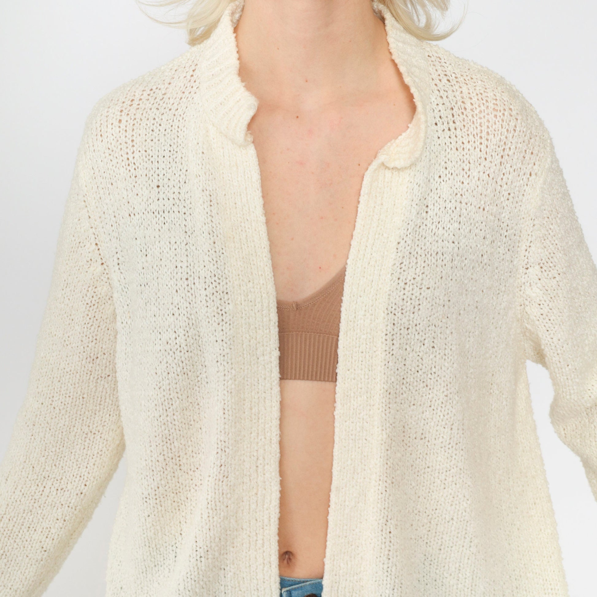 70s Le Roy Knitwear Cream Cardigan Knit Sweater Open Front Pockets Large L