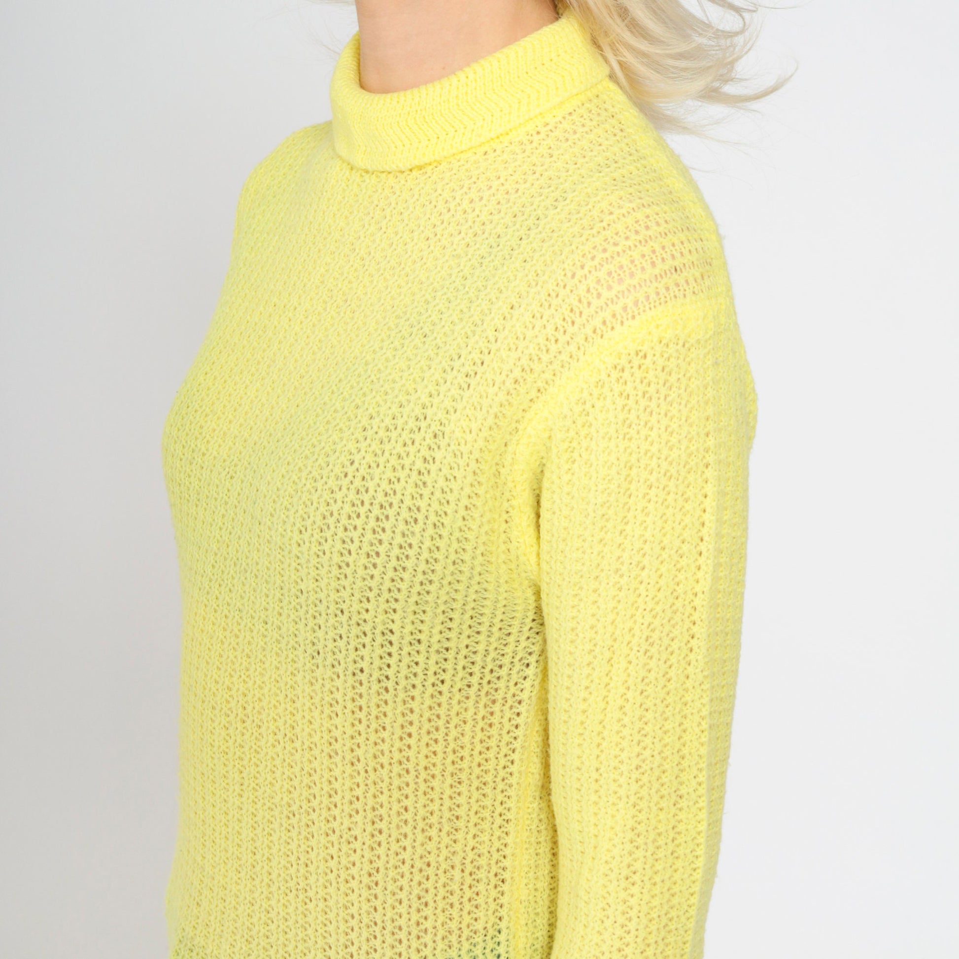 70s Yellow Sheer Turtleneck Sweater Cotton Knit Rear Zip Small