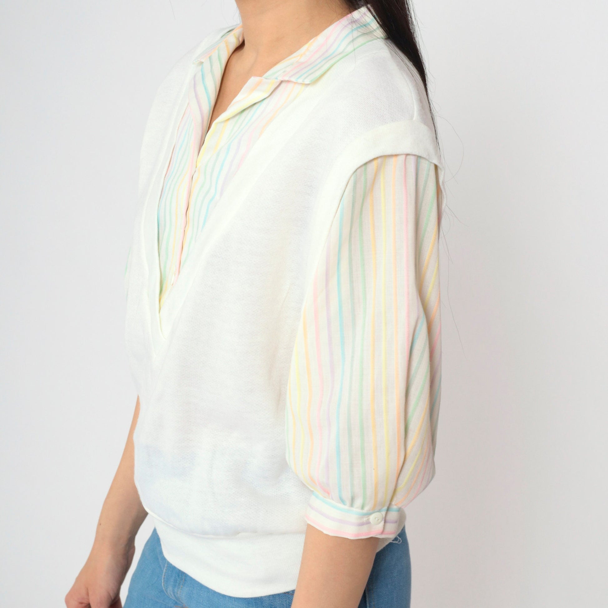 80s Rainbow Striped White Button-Up Blouse with Attached Vest 3/4 Sleeve Medium