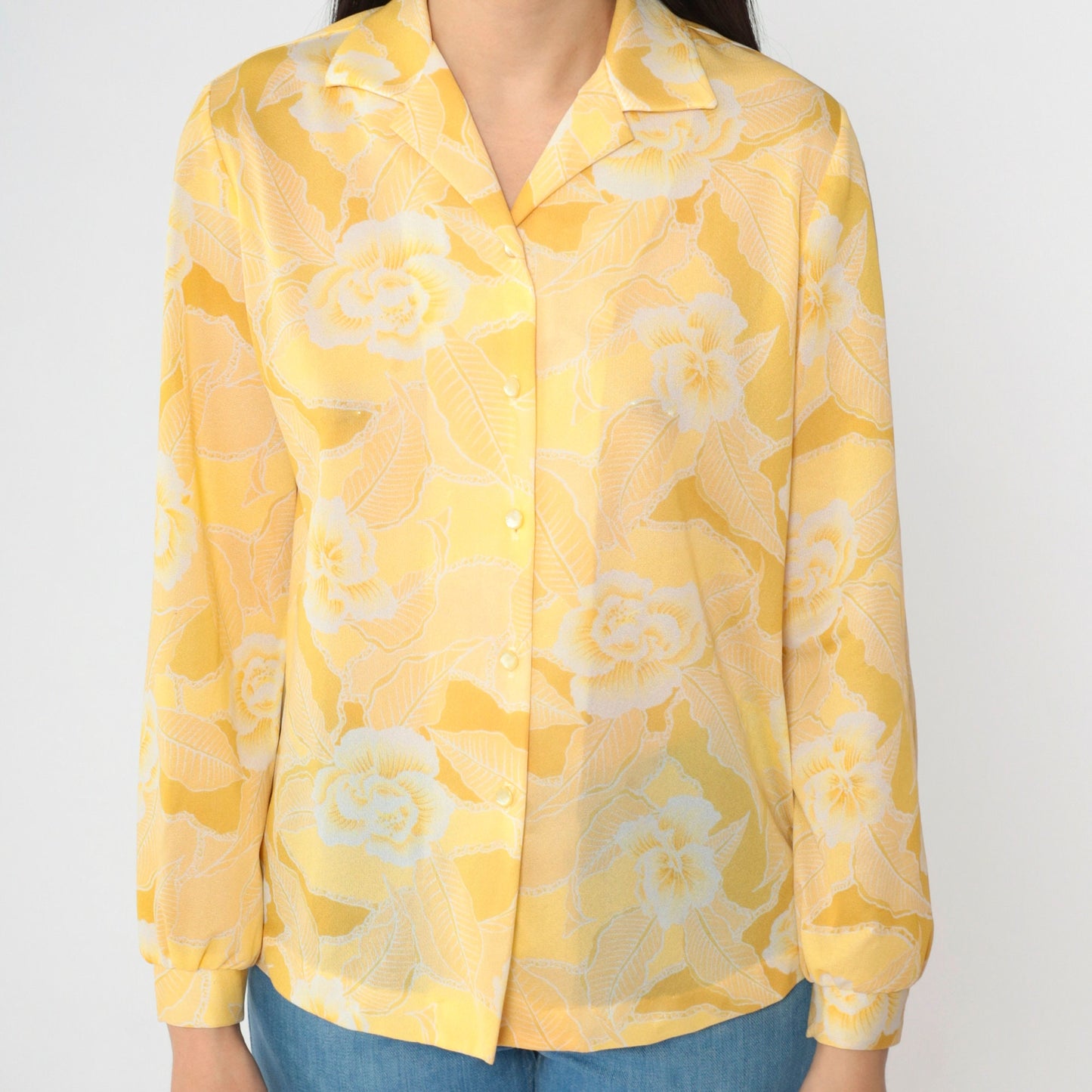 70s Floral Button-Up Shirt Yellow Flower Print Long Sleeve Medium