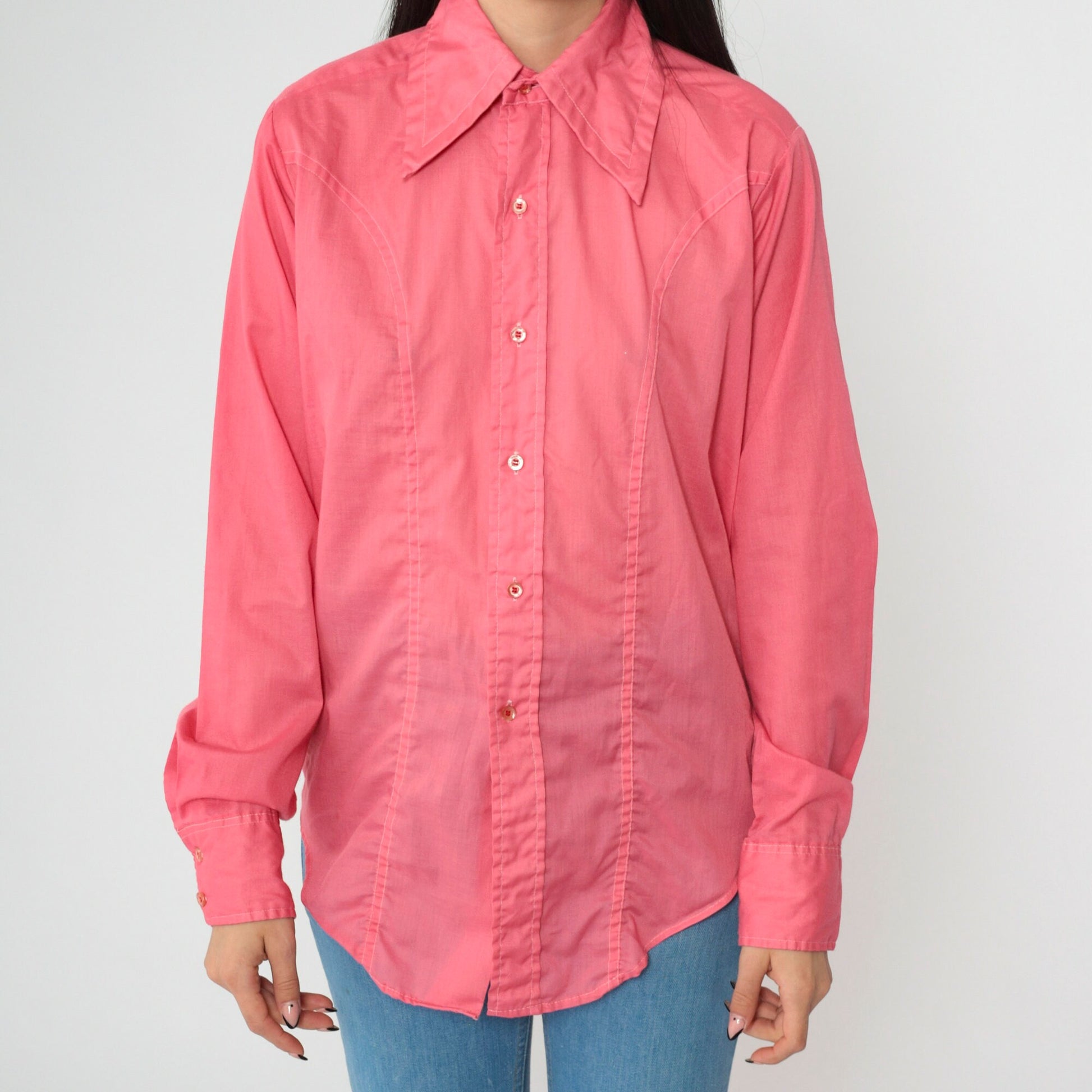 70s Cambridge Pink Dagger Collar Button-Up Shirt Long Sleeve Small