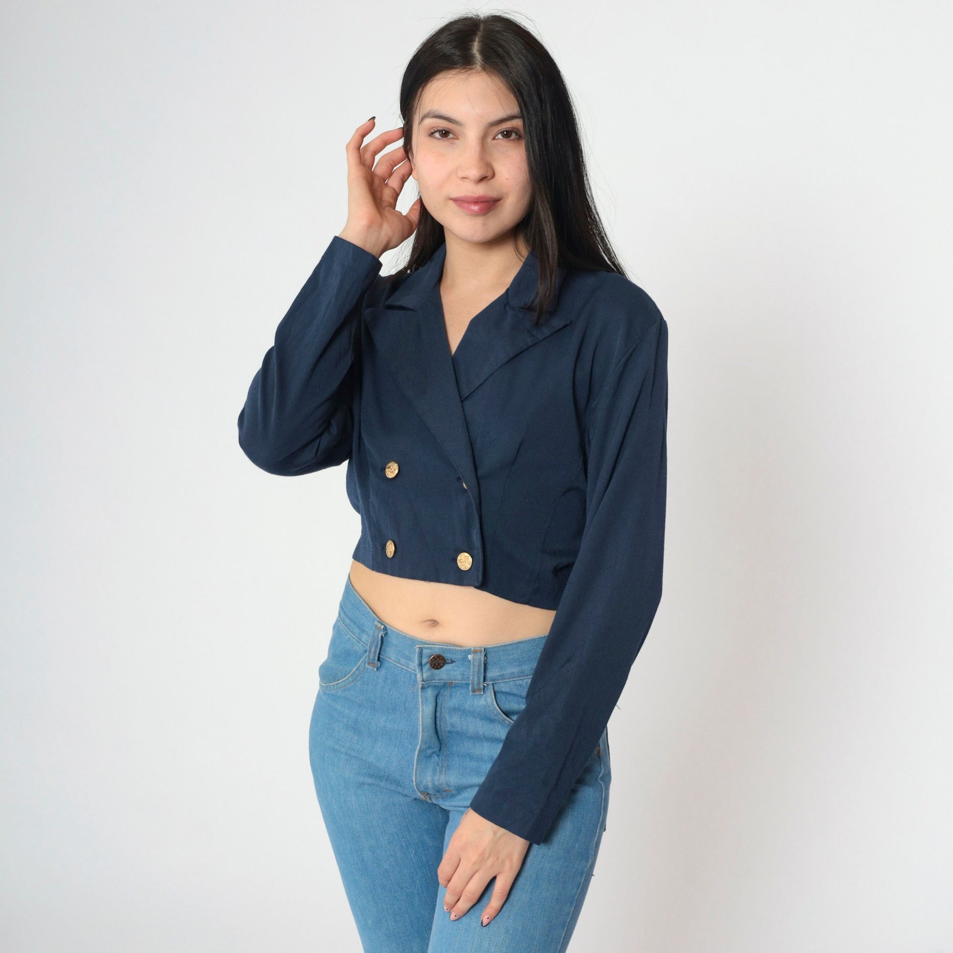 90s Navy Cropped Blazer Double-Breasted Gold Buttons Long Sleeve Small