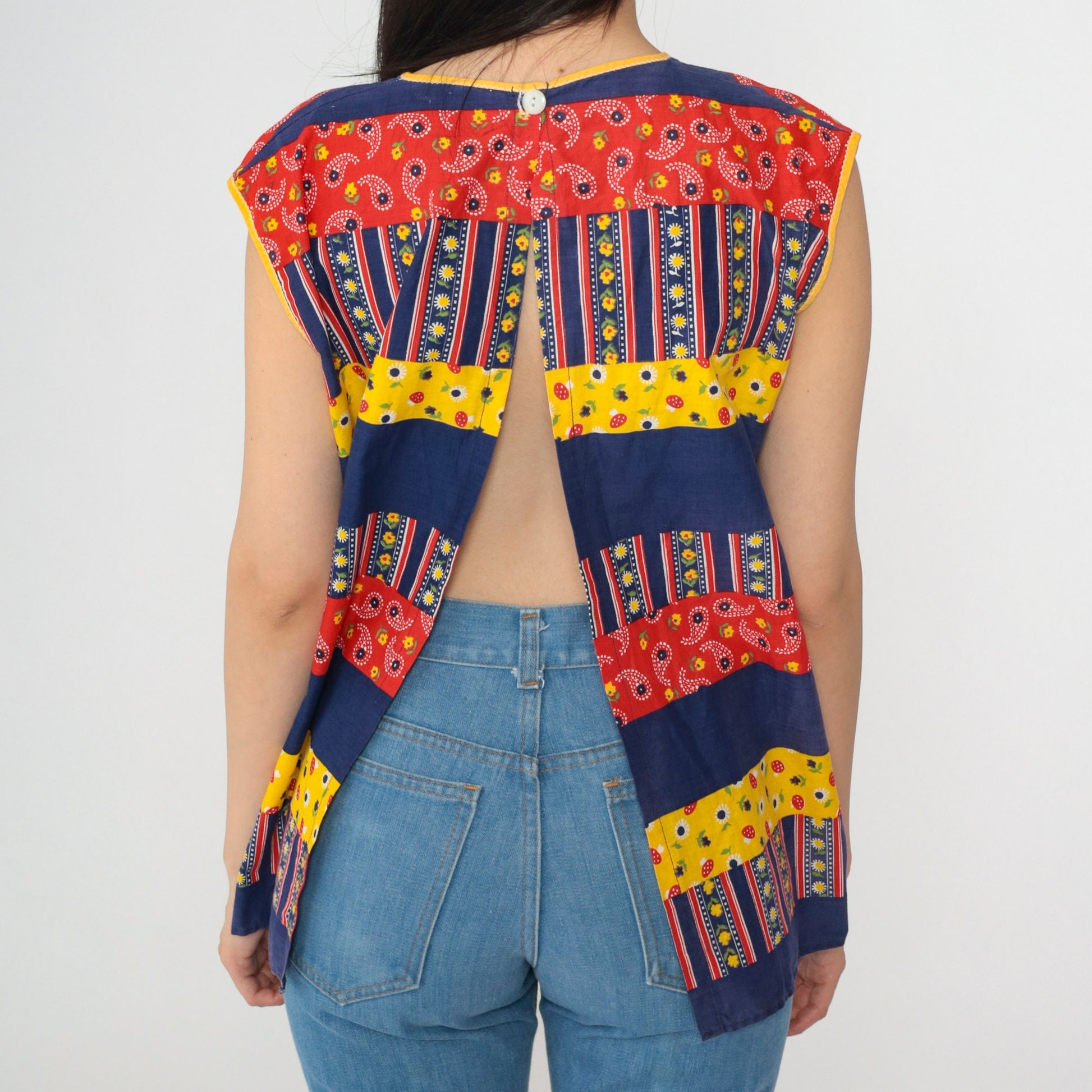 70s Patchwork Sleeveless Tunic Blouse Open Back Belted Yellow Navy Medium