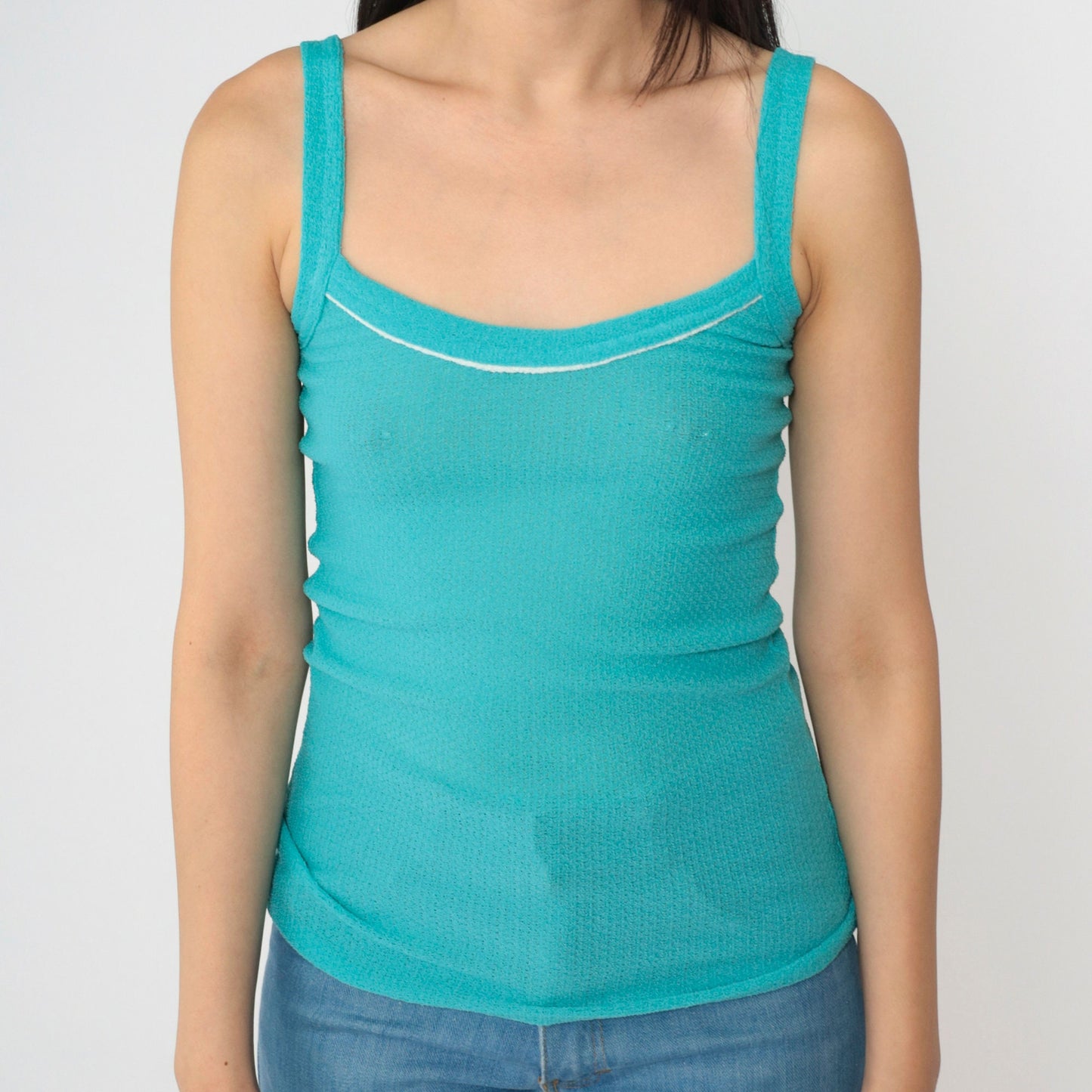 70s Turquoise Knit Tank Top Square Neck Spaghetti Strap Fitted Cami Small