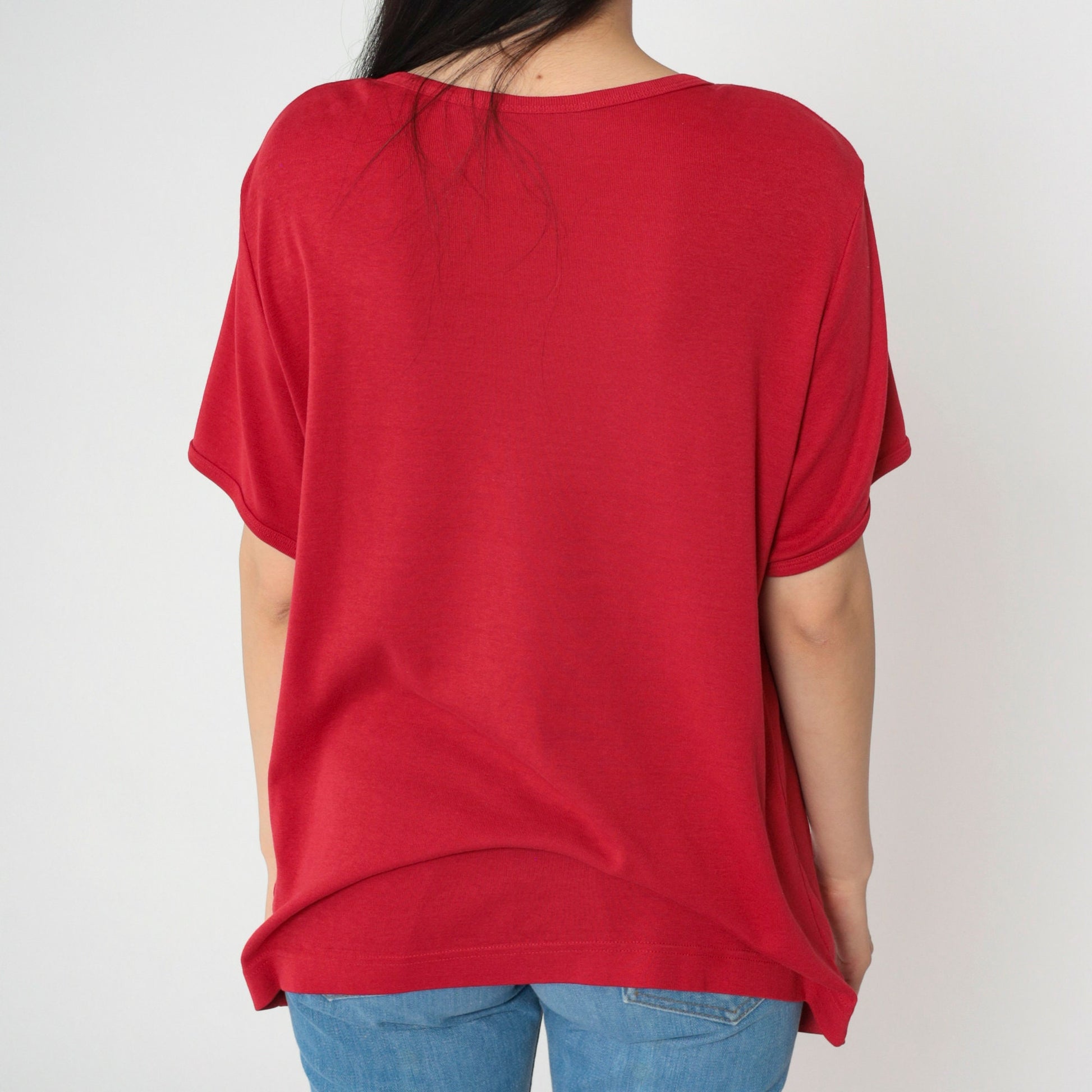 Y2K Floral Embroidered T-Shirt Red Graphic Tee Short Sleeve Extra Large XL