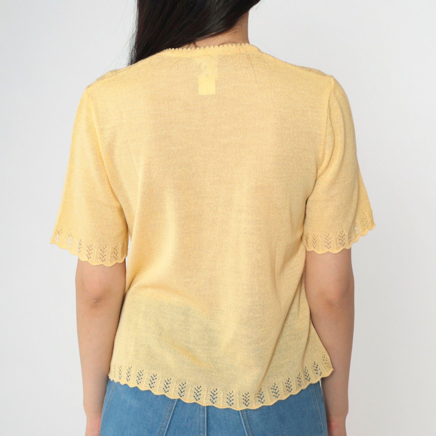 80s Yellow Open Weave Knit Sweater Top V-Neck Short Sleeve Small
