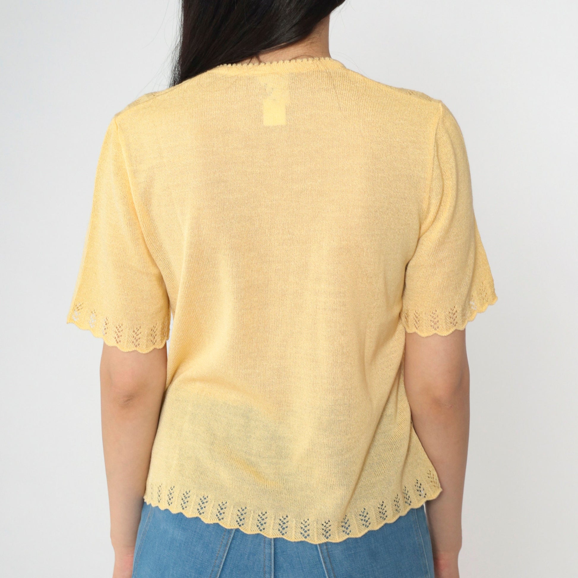 80s Yellow Open Weave Knit Sweater Top V-Neck Short Sleeve Small