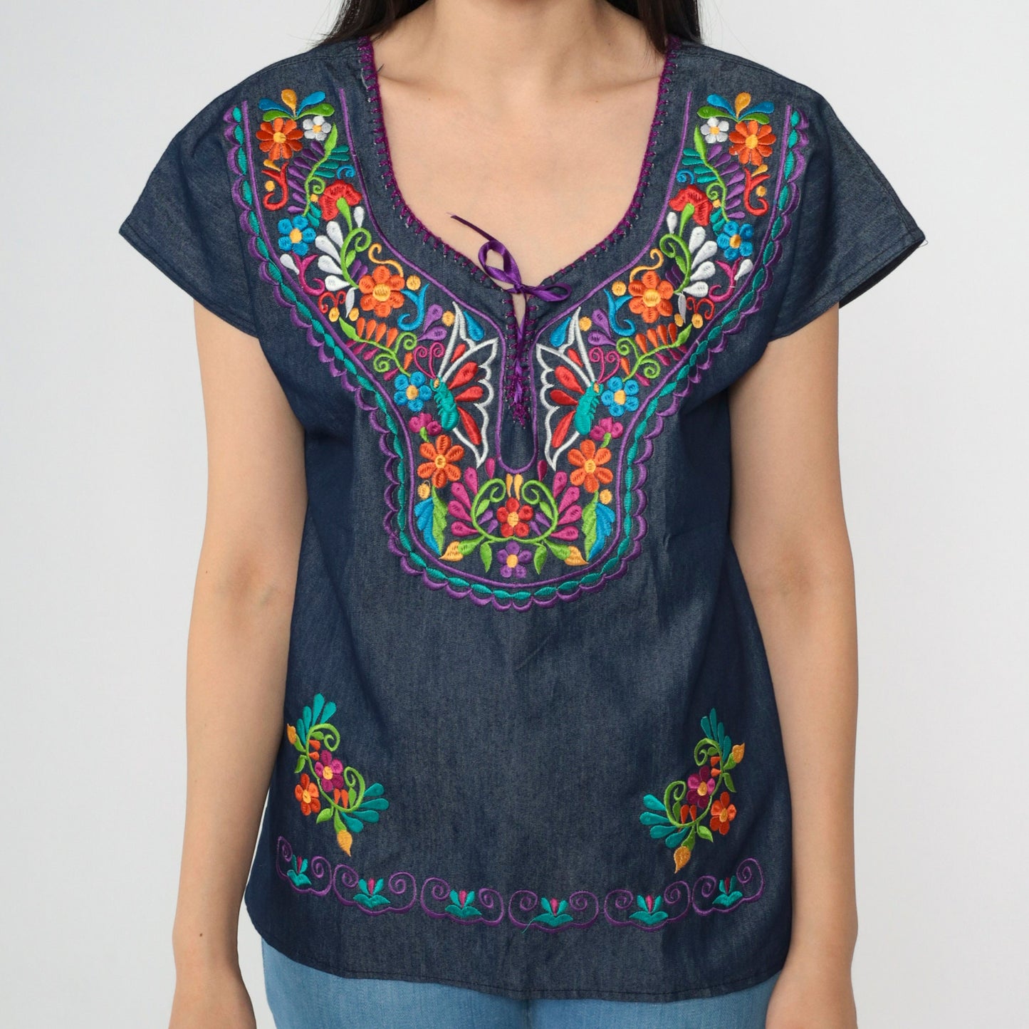 Y2K Chambray Embroidered Butterfly Floral Lace-Up Top Dark Blue Small
